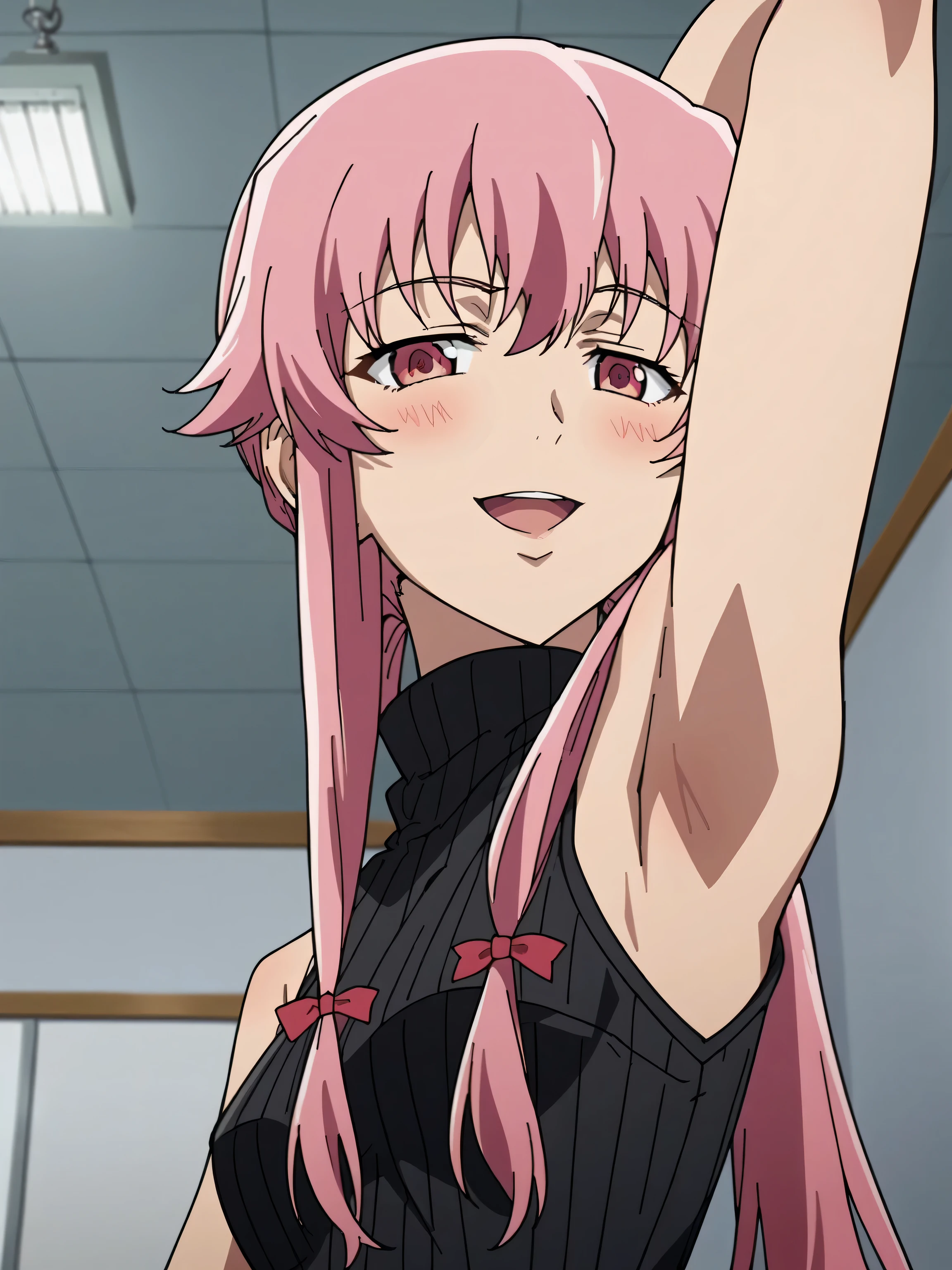 score_9, score_8_up, score_7_up, source_anime, anime screencap, 1girl, solo, Gasai Yuno, black sweater, sleeveless sweater, ribbed sweater, turtleneck, sleeveless,  shoulders,  arms, arm behind head, armpit, head towards viewer, looking at viewer, smile, badhandv4,  shoulders,  arms, indoors, from side, from below, blush, yandere, open mouth, half-closed eyes,