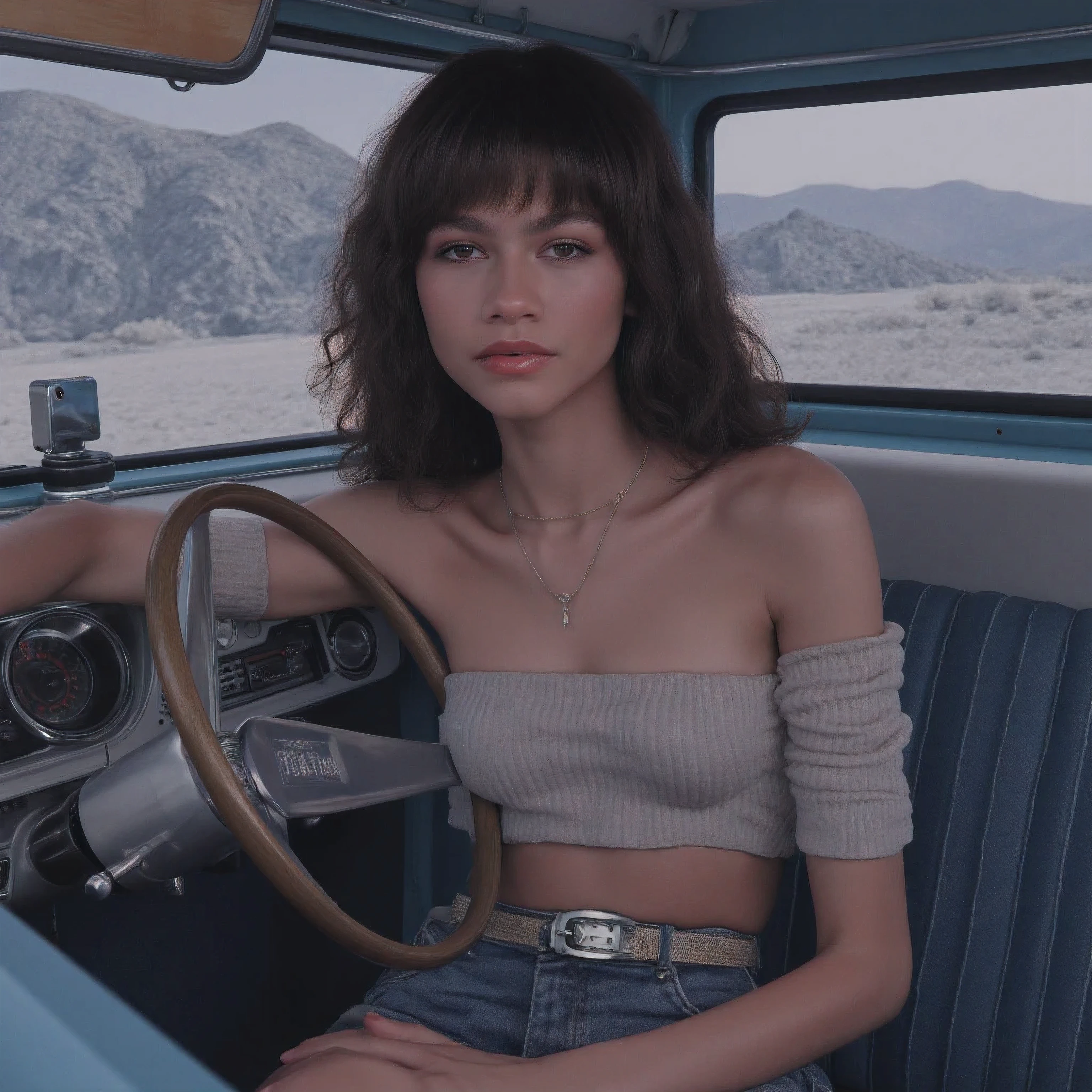 . Waist-up 25-year-old girl with dark hair. Retro aesthetic, ((sitting in a retro car:1.4), cyberpunk, grey, desolate, dark colors, vintage 80s and 90s style, highly detailed, graphic, cover art, dreamy, vector illustration, 2d flat, centered, by Tim Burton, professional, sleek, perfect composition, beautiful detailed intricate insanely detailed octane render trending on artstation, 8k
