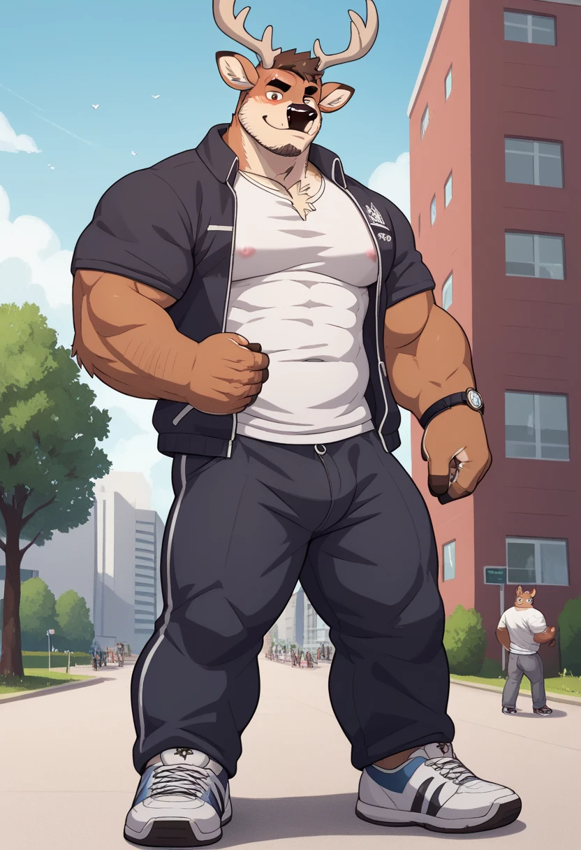 asian man, jarhead, best quality, masterpiece, super high resolution, detailed background, realistic, illustration, lens, 1boy, muscle man, beard, socks, tank top, police uniform, open shirt,, torn pants, street, muscle, facial hair, volumetric lighting, depth of field, briefs, thighs, no pants, leg fork, feet