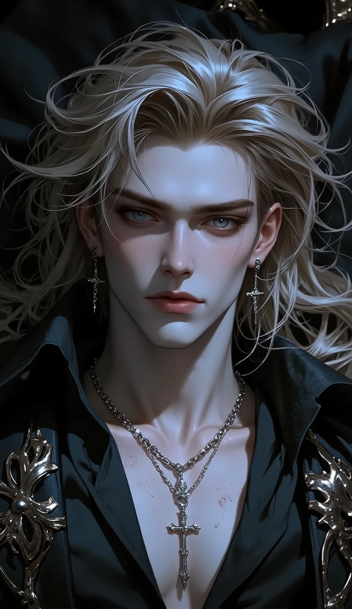 ( masterpiece:1.3, perfect details :1.4, high quality, 8k wallpaper, good complete anatomy:1.9, Perfect face:1.4), (1 man, A handsome man with pale skin ), (Dirty and disheveled cheeky blond very long hair , glowing bright gray eyes , mystical and ominous gaze ), ( without body clothes ), ( is lying on a majestic dark bed , radiating a high-status aura ), ( Calm and confident expression , piercing look , directed directly at the viewer , creates tension and mystery ), ( high contrast , Elegant style , sharp features , semi-realistic ).. Silver cross neck chain , cross ear piercing