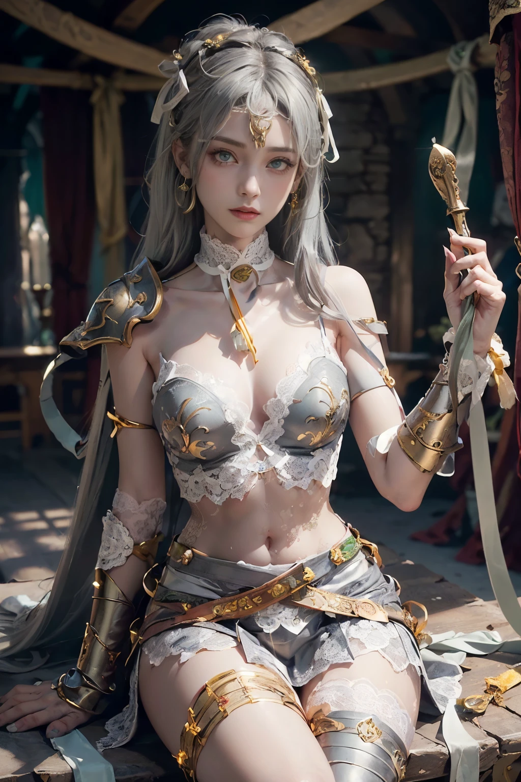 (masterpiece:1.3), (8k, Realistic, RAW Photos, Best image quality: 1.4), Fair-skinned fairy woman、Long Hair、Cleavage:2.0、Highly detailed face、Attention to detail、double eyelid、Chest to chest、Sharp focus:1.2、Beautiful woman:1.4、Silvery white hair、Highest quality、masterpiece、Ultra-high resolution、(Realistic:1.4)、Highly detailed and professionally lit smiles、Loose, Light, steampunk、Shoulder out、thin、Serious expression、Short-haired、Deadly position, One person、whole body,Walking on the beach、Gorgeous Necklace、