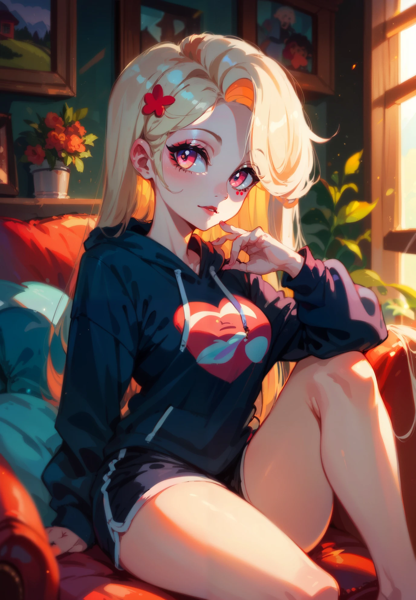 1girl, Charlie Morningstar, Hazbin Hotel, sitting on a couch, hoodie, shorts,  pose, BREAK, night time, mountain cottage, cinematic lighting,