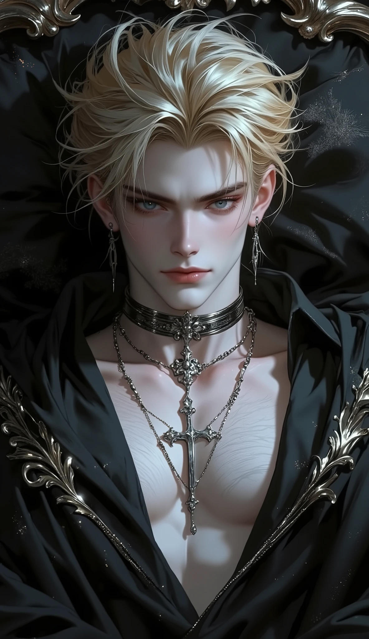 ( masterpiece:1.3, perfect details :1.4, high quality, 8k wallpaper, good complete anatomy:1.9, Perfect face:1.4), (1 man, A handsome man with pale skin ), (Dirty and disheveled cheeky blond yellowlong hair , glowing bright gray eyes , mystical and ominous gaze ), ( without body clothes ), ( is lying on a majestic dark bed , radiating a high-status aura ), ( Calm and confident expression , piercing look , directed directly at the viewer , creates tension and mystery ), ( high contrast , Elegant style , sharp features , semi-realistic ).. Silver cross neck chain , cross ear piercing