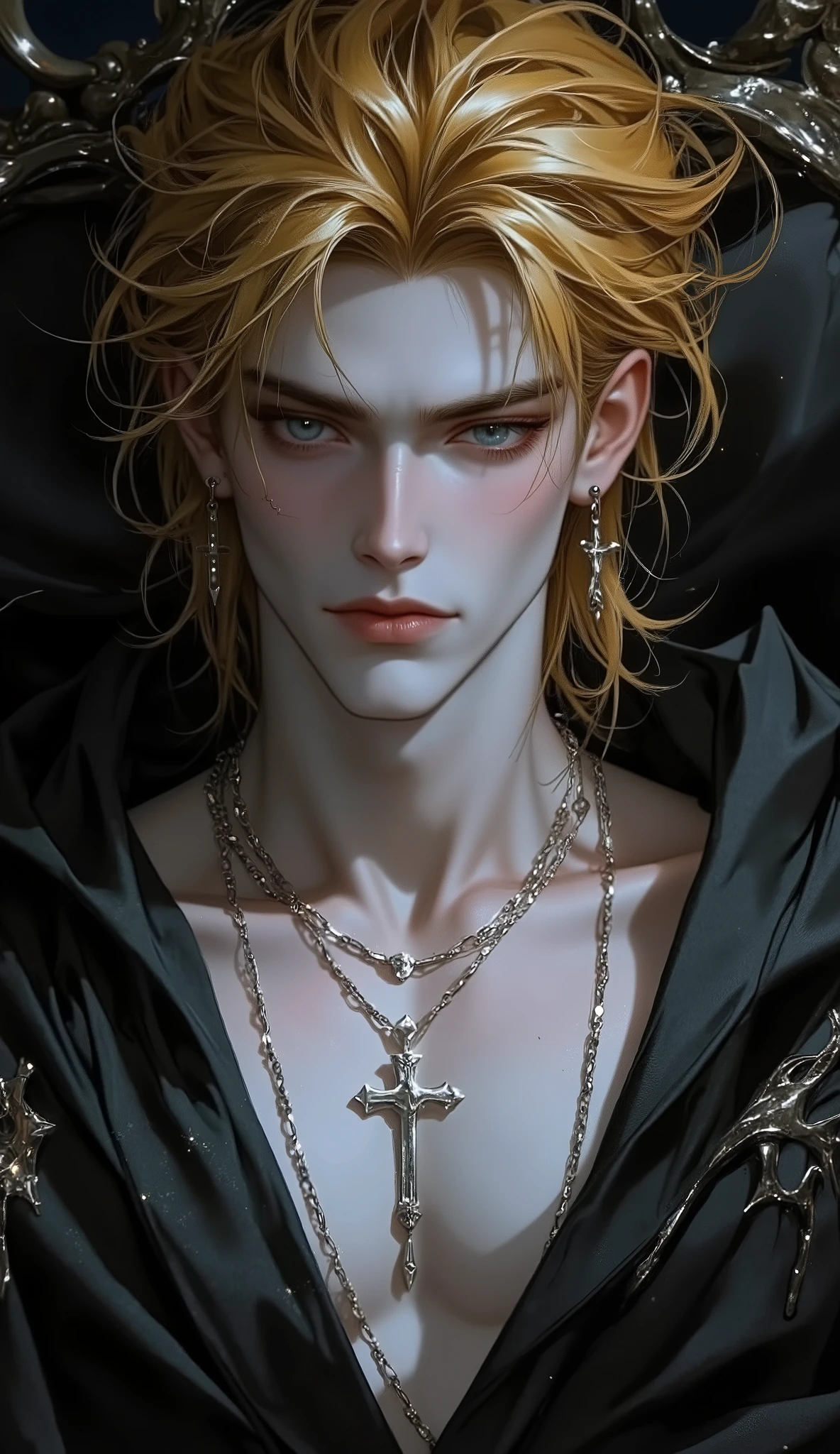 ( masterpiece:1.3, perfect details :1.4, high quality, 8k wallpaper, good complete anatomy:1.9, Perfect face:1.4), (1 man, A handsome man with pale skin ), (Dirty and disheveled cheeky blond yellowlong hair , glowing bright gray eyes , mystical and ominous gaze ), ( without body clothes ), ( is lying on a majestic dark bed , radiating a high-status aura ), ( Calm and confident expression , piercing look , directed directly at the viewer , creates tension and mystery ), ( high contrast , Elegant style , sharp features , semi-realistic ).. Silver cross neck chain , cross ear piercing
