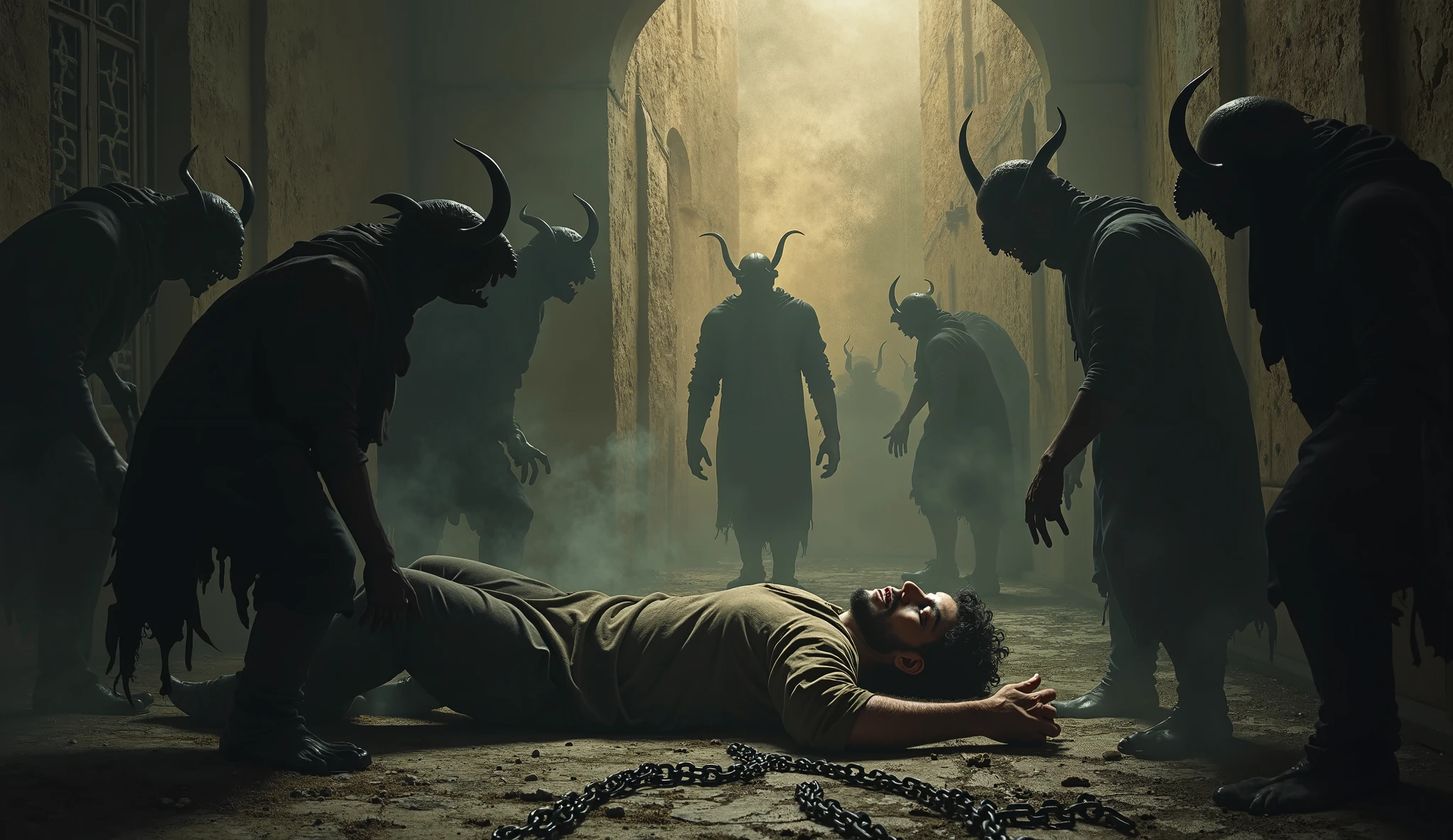 "A dark, intense, and highly detailed scene depicting Satan working behind the scenes to destroy Job (Jo) from the Bible. In the foreground, Job is shown as a broken man, his body covered in sores and chagas, kneeling or collapsing in despair. His face is filled with anguish, his mouth open in a silent scream of pain. Behind him, partially obscured in the shadows, Satan is depicted as a menacing, dark figure with a twisted, sinister expression, orchestrating Job's suffering. His hands are outstretched, as if manipulating the events that are causing Job's torment. The background shows the aftermath of Job's losses: dead animals and the blurred forms of his dead children lying motionless, while Satan looms over the scene, embodying the evil force behind the devastation. The atmosphere is oppressive, filled with darkness and despair, emphasizing the malevolent influence of Satan as he works to destroy Job's life."