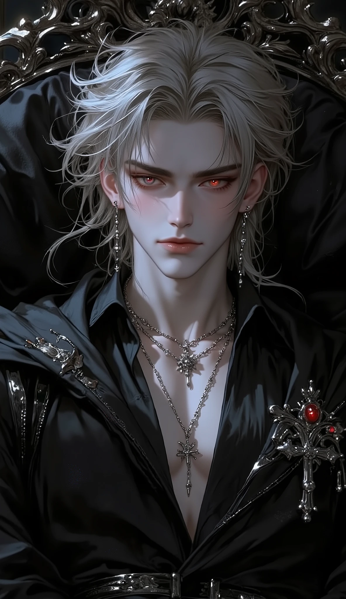 ( masterpiece:1.3, perfect details :1.4, high quality, 8k wallpaper, good complete anatomy:1.9, Perfect face:1.4), (1 man, A handsome man with pale skin ), (Dirty and disheveled cheeky blond very long hair , glowing bright red eyes, mystical and ominous gaze ), ( without body clothes ), ( is lying on a majestic dark bed , radiating a high-status aura ), ( Calm and confident expression , piercing look , directed directly at the viewer , creates tension and mystery ), ( high contrast , elegant style red , sharp features , semi-realistic ).. Silver cross neck chain , cross ear piercing