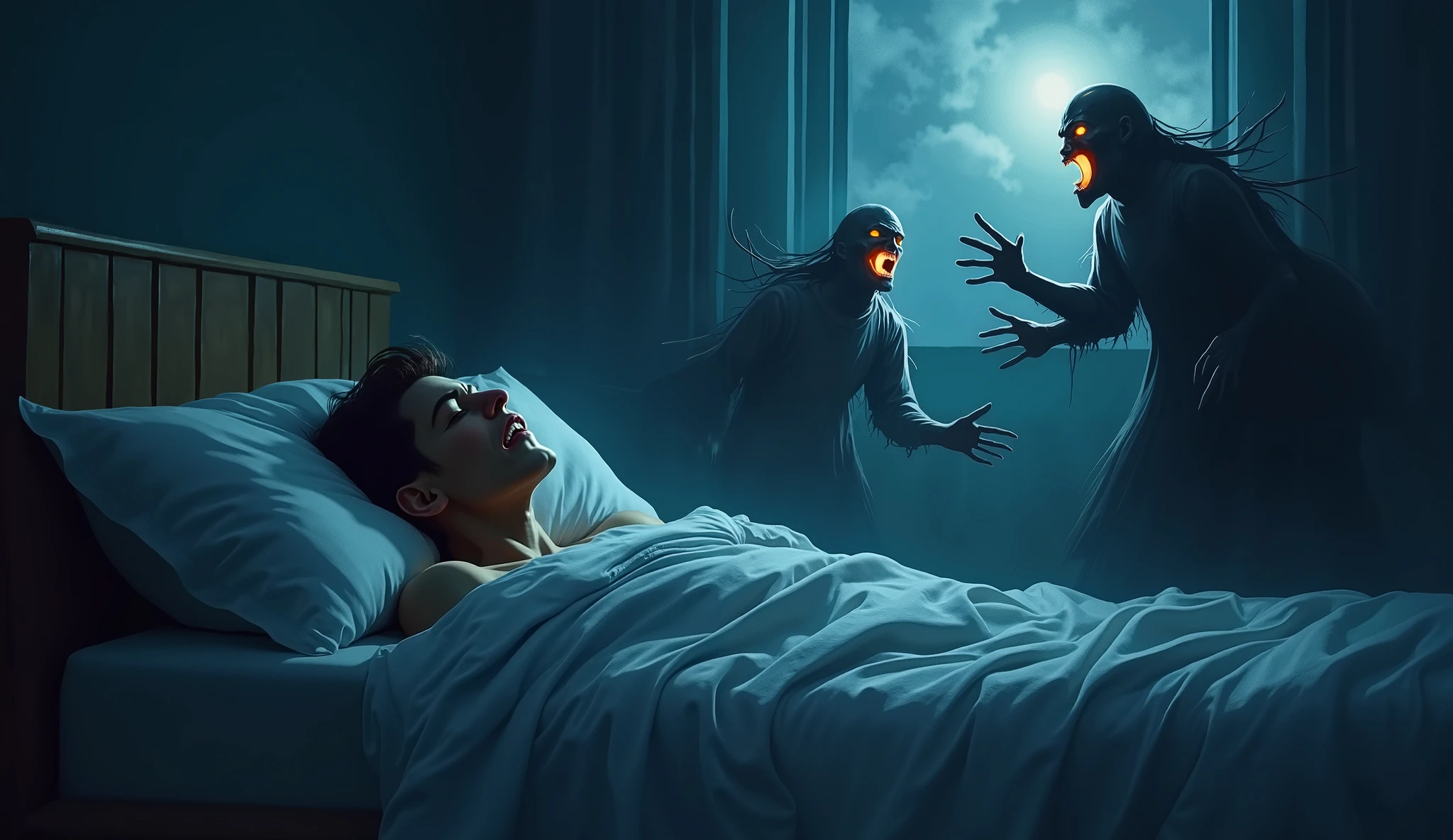 A young man lies in bed, paralyzed, with wide, terrified eyes. Dark, shadowy demons with glowing red eyes hover above him, their ghostly forms pressing down on his chest. The room is dimly lit with an eerie blue glow, casting long shadows that enhance the chilling atmosphere. The spirits swirl menacingly, embodying the weight of sleep paralysis, trapping the man in a state of fear and helplessness. The scene is tense, with a haunting, supernatural presence looming over the man as he struggles in