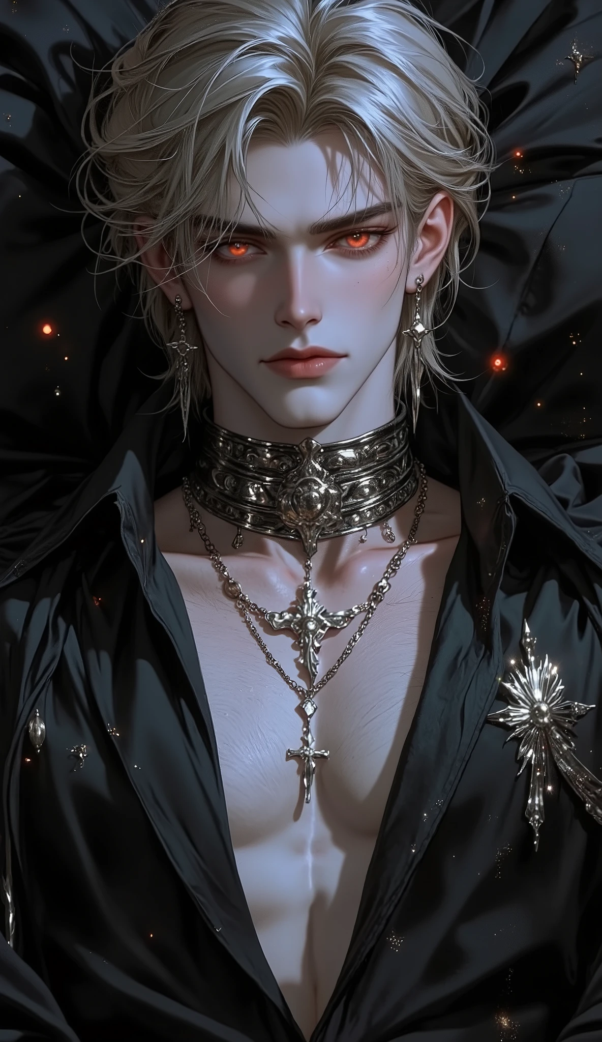 ( masterpiece:1.3,  perfect details :1.4,  high quality, 8k wallpaper, good complete anatomy:1.9,  Perfect face:1.4), (1 man,  A handsome man with pale skin ), (Dirty and disheveled cheeky blond very long hair  ,  glowing bright red eyes,  mystical and ominous gaze ), ( without body clothes  ), ( is lying on a majestic dark bed ,  radiating a high-status aura ), ( Calm and confident expression ,   piercing look ,  directed directly at the viewer ,  creates tension and mystery ), ( high contrast , elegant style red ,  sharp features ,  semi-realistic ).. Silver cross neck chain , cross ear piercing 