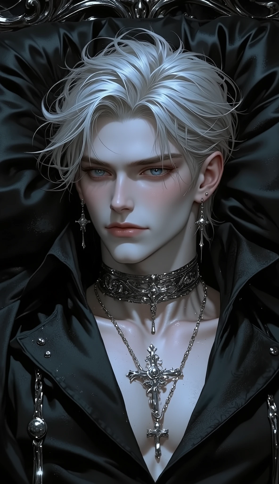 ( masterpiece:1.3, perfect details :1.4, high quality, 8k wallpaper, good complete anatomy:1.9, Perfect face:1.4), (1 man, A handsome man with pale skin ), (Dirty and disheveled cheeky platinum dblond hair , glowing bright gray eyes , mystical and ominous gaze ), ( without body clothes ), ( is lying on a majestic dark bed , radiating a high-status aura ), ( Calm and confident expression , piercing look , directed directly at the viewer , creates tension and mystery ), ( high contrast , Elegant style , sharp features , semi-realistic ).. Silver cross neck chain , cross ear piercing