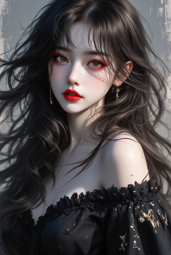 Woman, 30 years, hot, Dark suit, white silk blouse, black high heels, silver accessories, loose wavy hair, black hair, closed eyes, makeup, red lips, exited expressive, cinematic lighting, close-up, caustics, masterpiece, textured skin, super detail, high quality