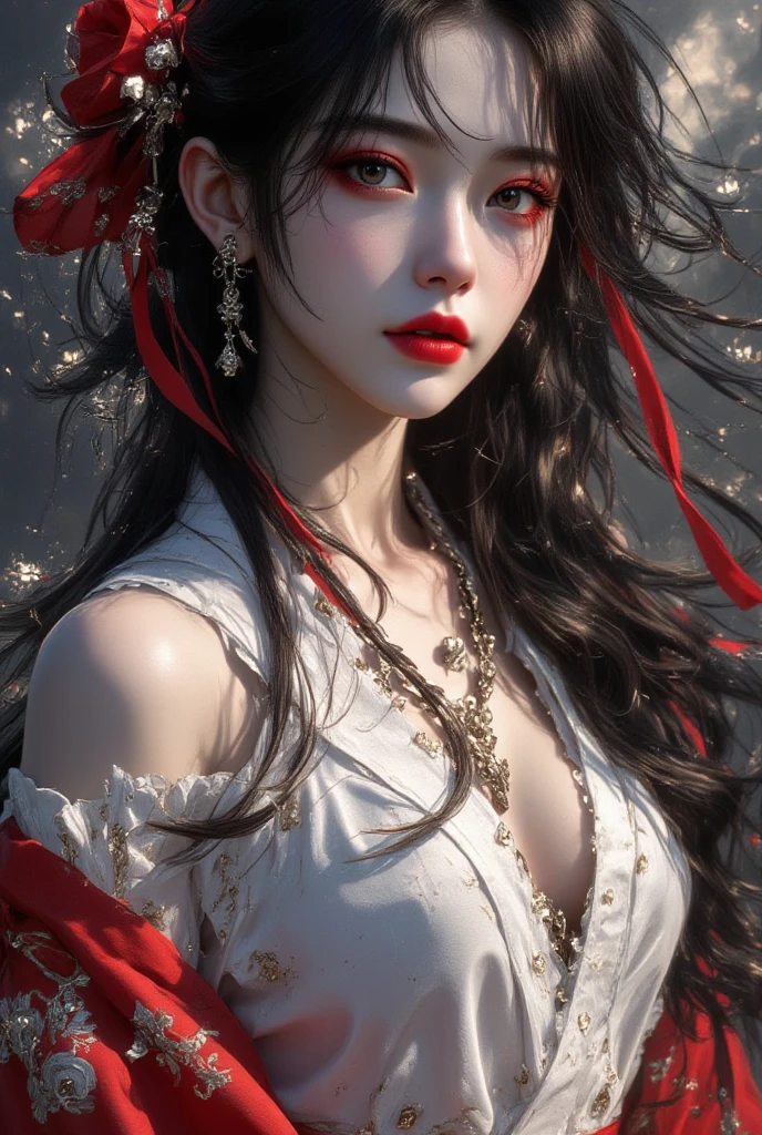 Super high quality, masterpiece, perfect illustration, extreme detail (exquisite light and shadow, highly dramatic picture,) Stroke, 1 girl, solo, (wearing red, black and white Hanfu,) flower field, flowers, (white smoke:1.3) (Realistic:1.4), Zen entanglement, tangled, official art, Unity 8k wallpaper, super detailed, beautiful and beautiful, masterpiece, best quality, (dynamic angle: 1.4), glowing skin, (floating colorful flashes: 1) the most beautiful chaotic forms, elegant, brutalist design, Bright colors, romantic depth of field exotic_dance, half_naked