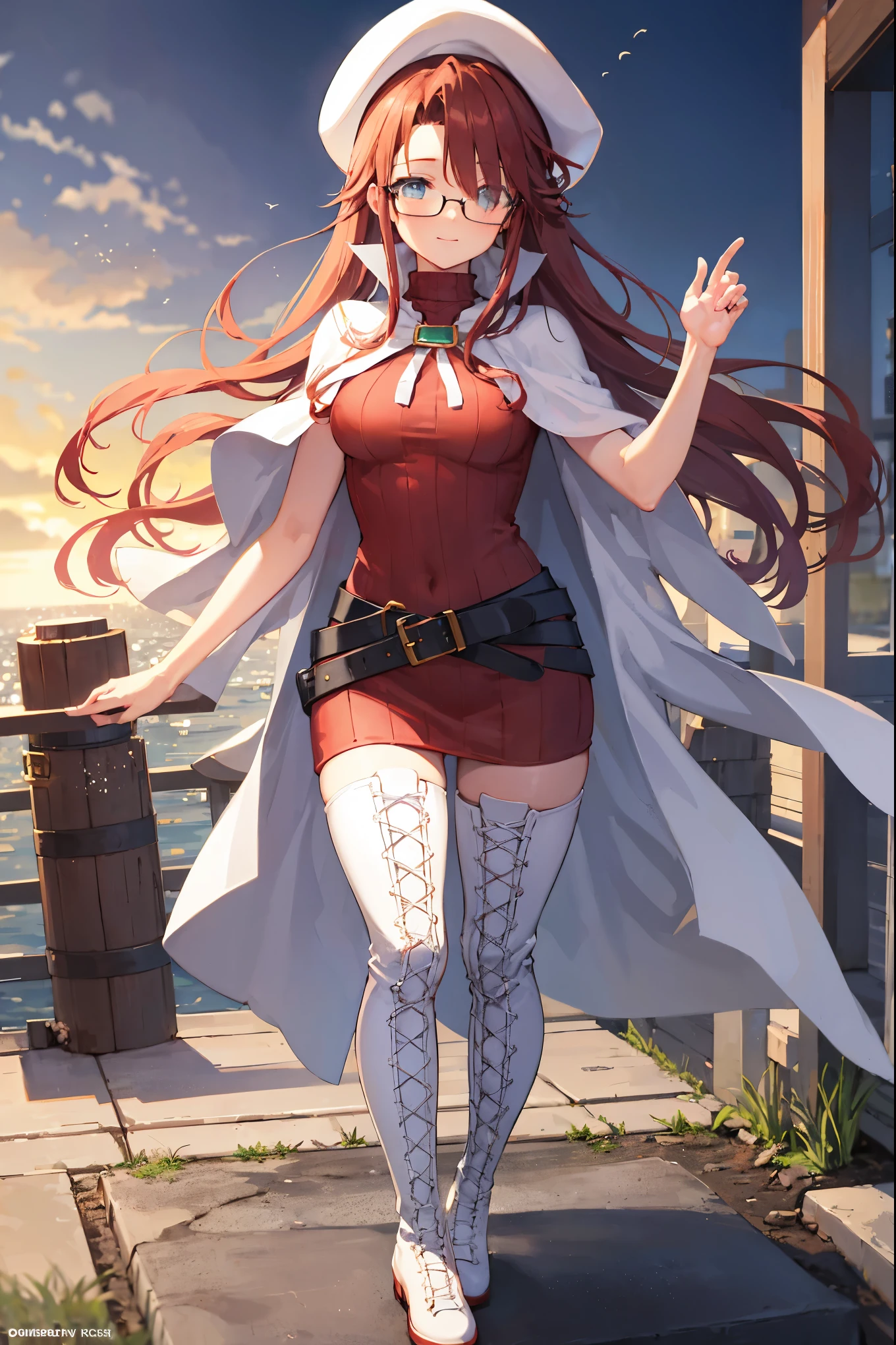 Anime girl in a red dress and white hat walking on a pier - SeaArt AI