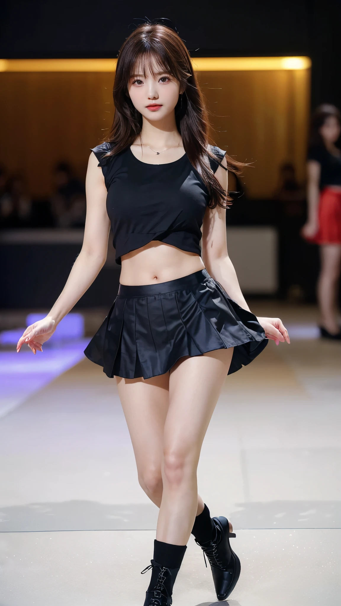 Onegirl、a Korean girl、She looks、a miniskirt、stockings、full bodyesbian、large full breasts、Model Pose、Fashion Show Stage、walking、
