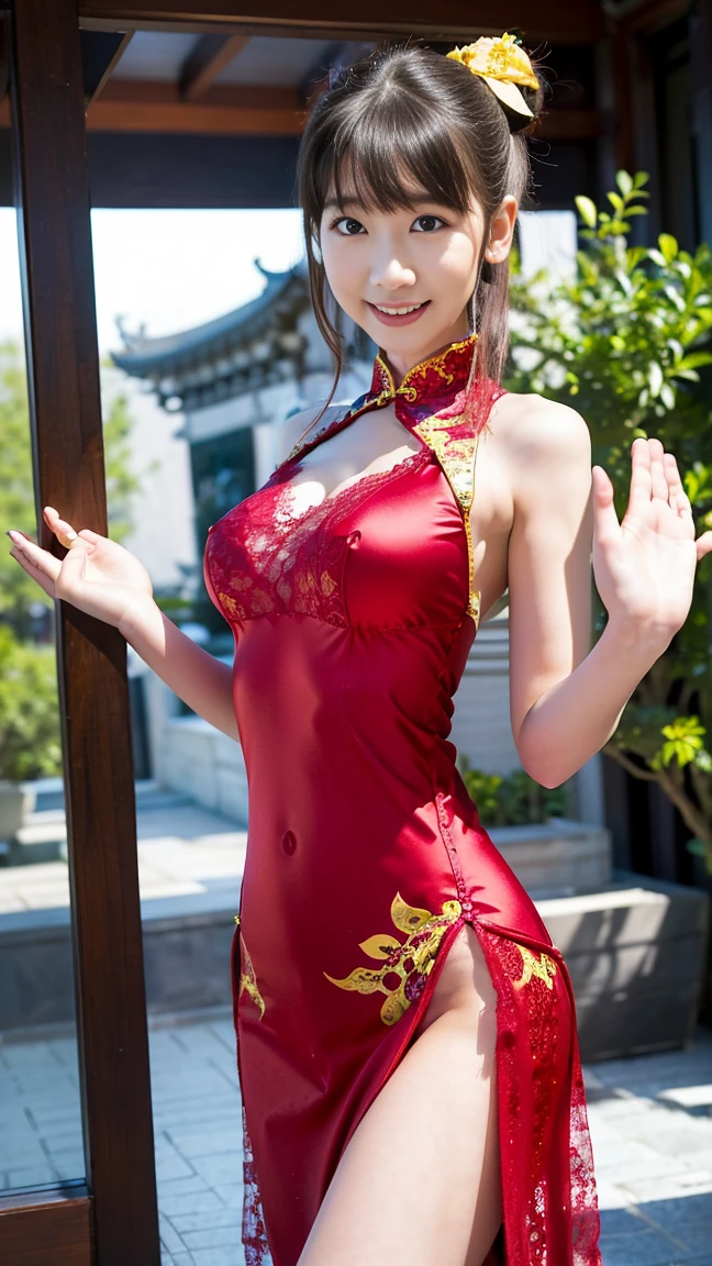 (8K、RAW Photos、Highest quality、masterpiece:1.2)、(Realistic、Realistic)、1 Girl、((Long cheongsam:1.2、Thin legs、whole body、View from the front、smile、Looking into the camera、Martial artist pose))、cute、((The background is slums))、Accurate Fingers