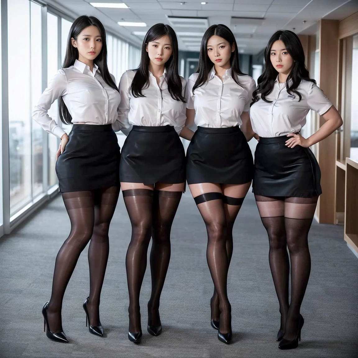 high qulity，Best quality at best，(Full body like)，Refined face，(Nice face)，long whitr hair，being thin，(Grey Stockings),(lacepantyhose)，Tight suit，office lady uniform，perfect body figure，high-heels，Raised sexy，Bigchest，Tight skirt，In the metropolis，huge tit，The shirt，(Three beautiful Korean ladies)，(exposing her chest)，long leges，Thin leg，are standing，