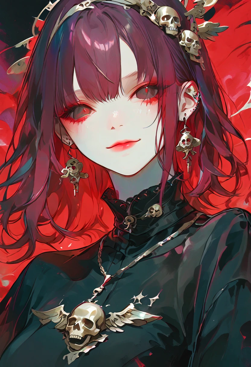 16-year-old punk girl, six heads tall, red hair, black and white outfit, chains, skulls, spooky cute, dark red background, manga style, gothic, edgy, black halo, charming expression, illustration, Halloween vibes, clear outlines, Halloween logos, designed text, stylish poster appearance