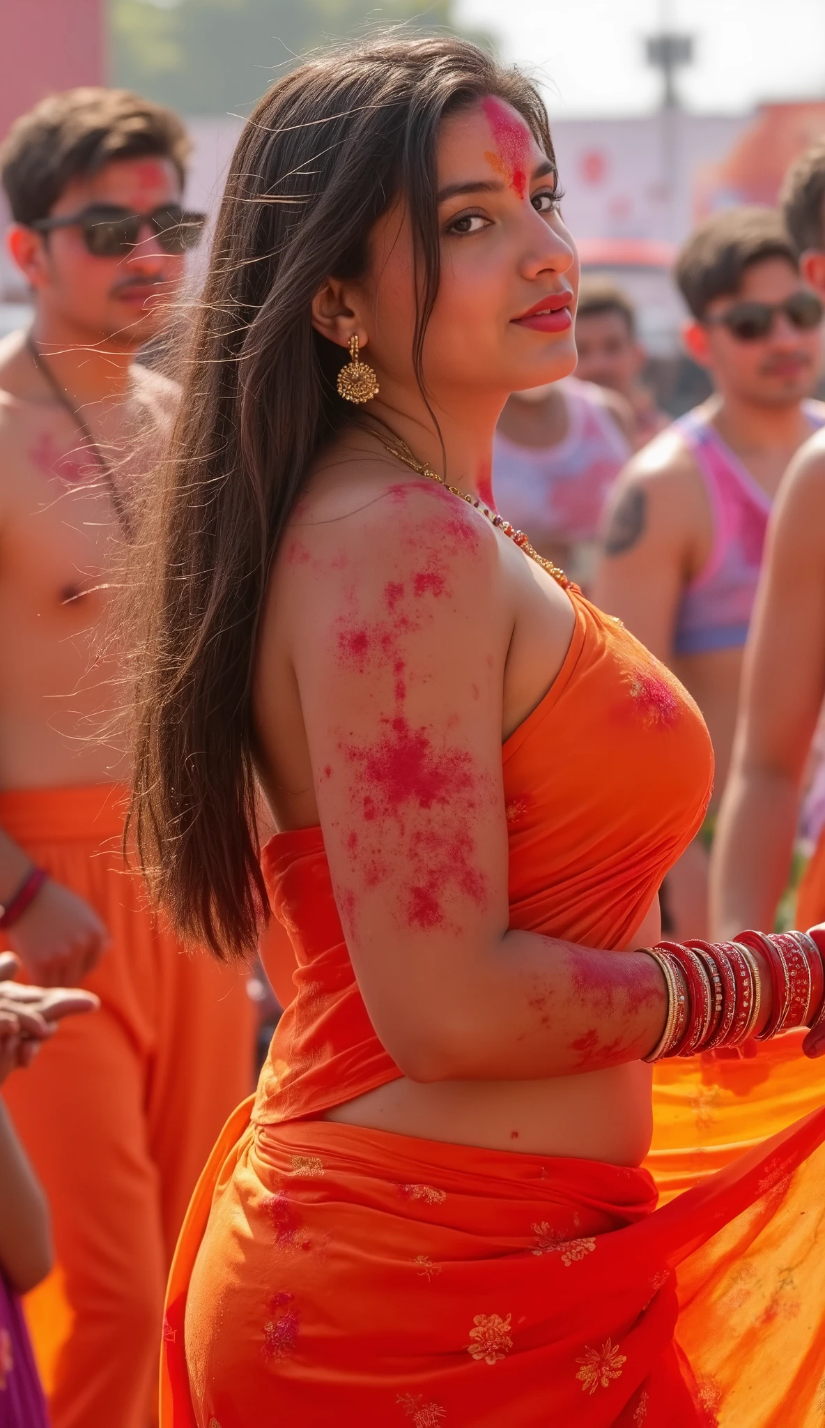 Indian DESI nude Girl ,WET, curvy Full wet body picture, wet  hourglass curvy nude woman IS LIFTING HER orange  wet Skirt UP, red bangles, earings, lipstick, Holi festival colourful, wet slutty body, sexy,mehandi henna on both hands, with other men ,WET body, wet hair,