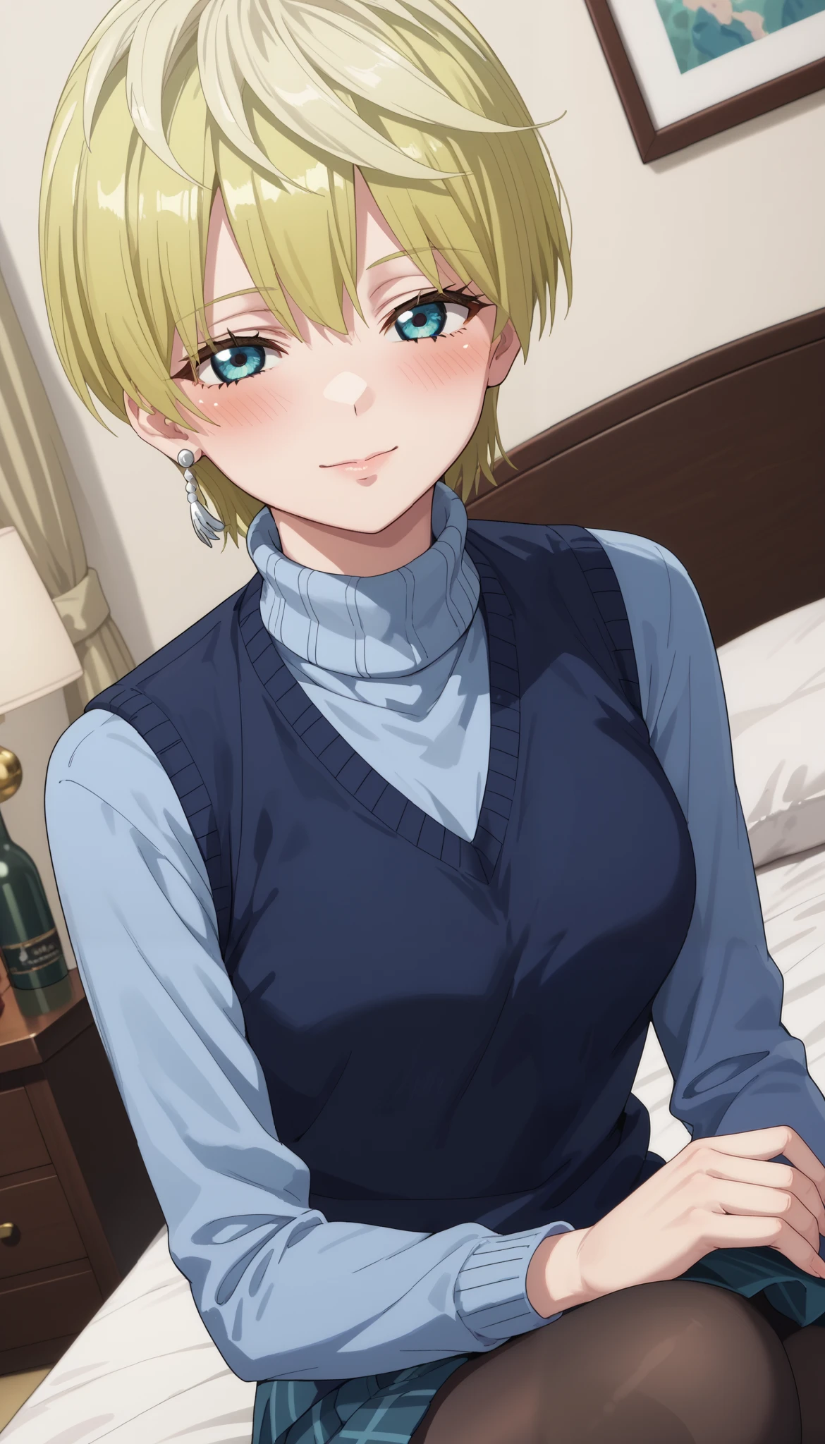 score_9, score_8_up, score_7_up, source_anime,
tenkaizumo, tenka izumo, short hair, blue eyes, blonde hair,
skirt, long sleeves, jewelry, pantyhose, earrings, vest, sweater, turtleneck, turtleneck sweater,
indoors, bed, bed room, on side, blush, drunk,
looking at viewer, cowboy shot, dutch angle, solo,
