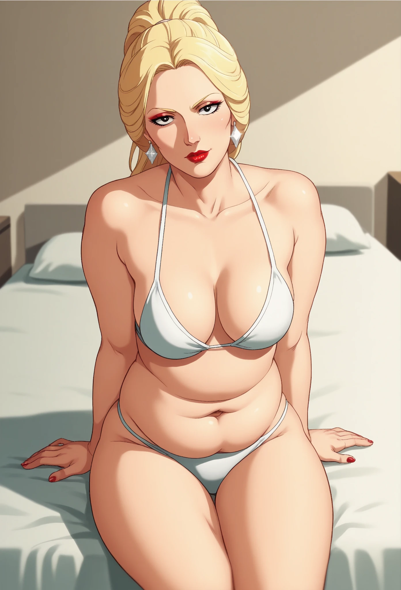 full view rich light blond fashion haircut obese fat actor antony starrs  in white long socks, white boxershorts, wearing dozens of golden rings, golden chains, golden necklaces, diamond watchs, diamond piercings, lying on covered with white furs bed, showing off overhanging belly and full chest, crying afraid, in modern classy bedroom