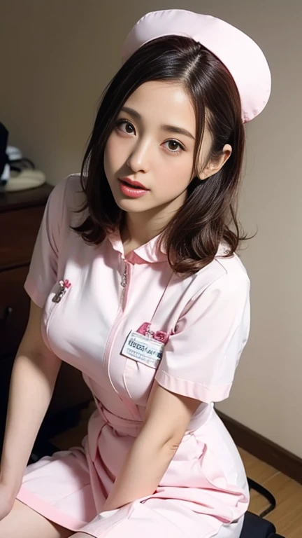 ((highest quality, masterpiece :1.3)), Photorealistic、Ultra-high resolution、Natural skin texture、Hyperrealism、Reflection from the waist up、Beautiful Japanese girl in her early s、One girl、Larger breasts、Pink nurse uniform、Frightened expression、Eyes are unfocused