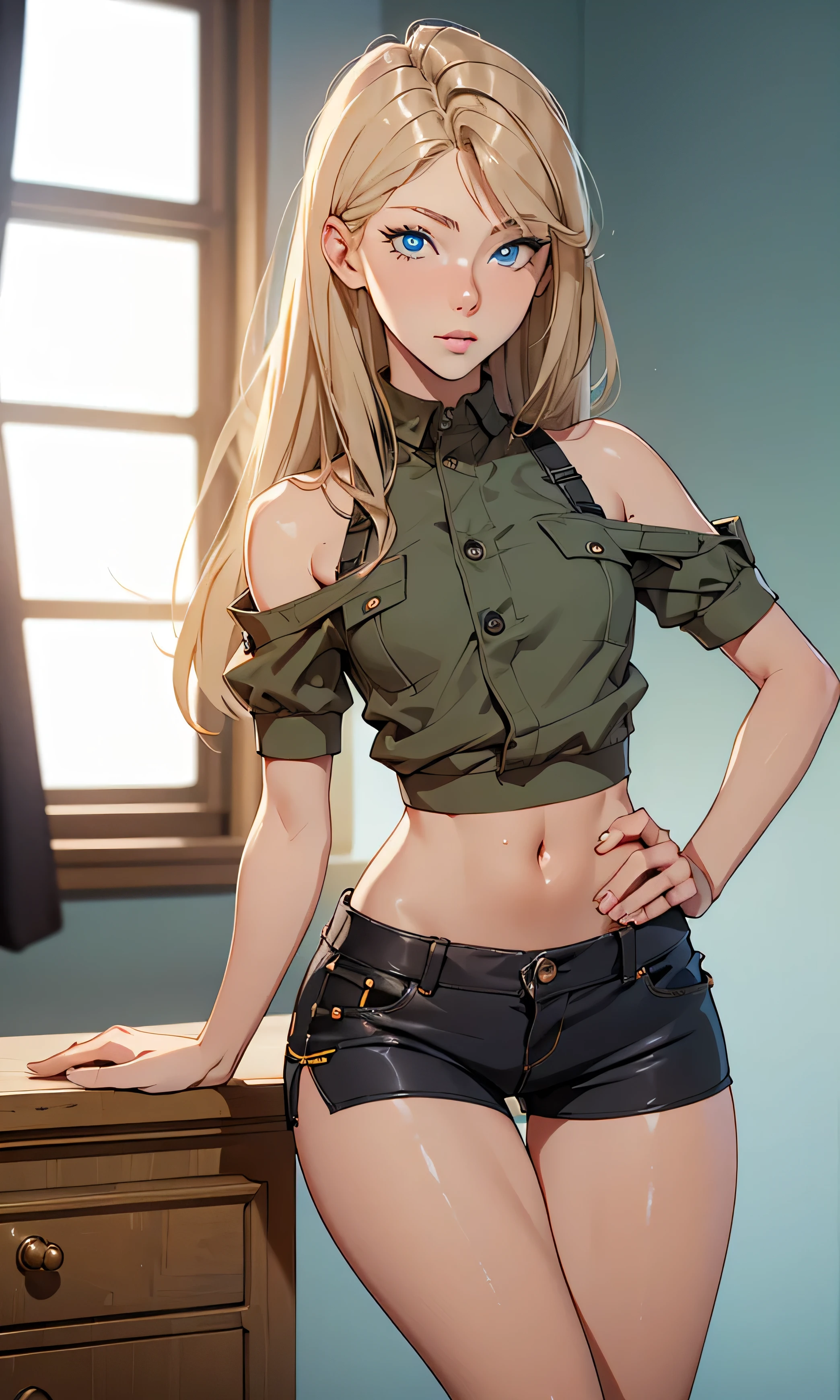 (​masterpiece、top-quality、hight resolution、Unity 8k、extremely details CG:1,Best Picture), modred, (green eyes:1.5), blonde hair, ponytail, short hair, scrunchie, red scrunchie, hair scrunchie, denim, denim shorts, jacket, jewelry, midriff, navel, necklace, red jacket, short shorts, shorts, tube top, white top, nsfw, dirty talk, female thug, Irritated, dissatisfied, disapproving.