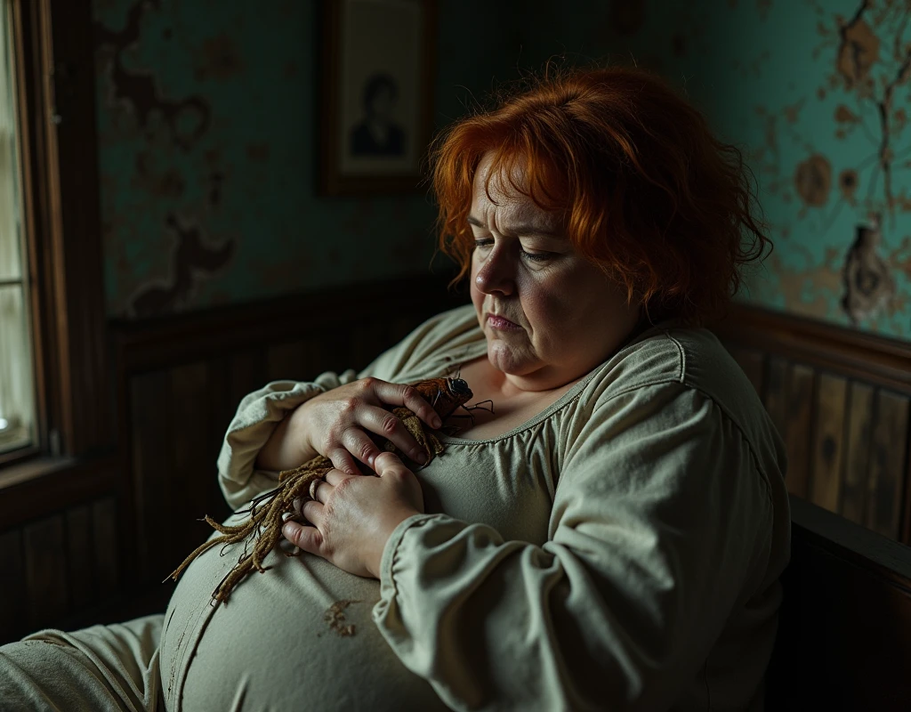 woman 40 years old, obese and fat, bitter, sweet. silly. very short red curly hair badly combed, tight red silky blouse with large black checks half open buttoning showing nipple, long black skirt, long colored apron, round and chubby face of a good-natured red slapped full of tears and snot, downcast gaze, crying, screaming in pain, terrified, dehumanized. trembling, abused, sweaty, urinated on, broken and bleeding lip, desperate, lying on the floor, they pull her hair, they whip her, they insult her, they spit on her.