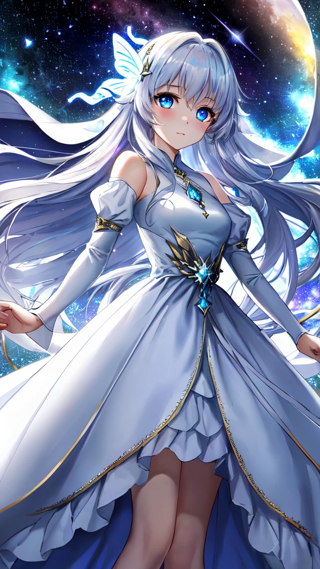  "An ethereal princess floating in space. She wears a gown made of shimmering stars, with a soft glowing aura surrounding her. Her expression is serene yet powerful, with deep eyes that reflect the wisdom of the cosmos. In the background, countless stars and a few bright galaxies are visible."