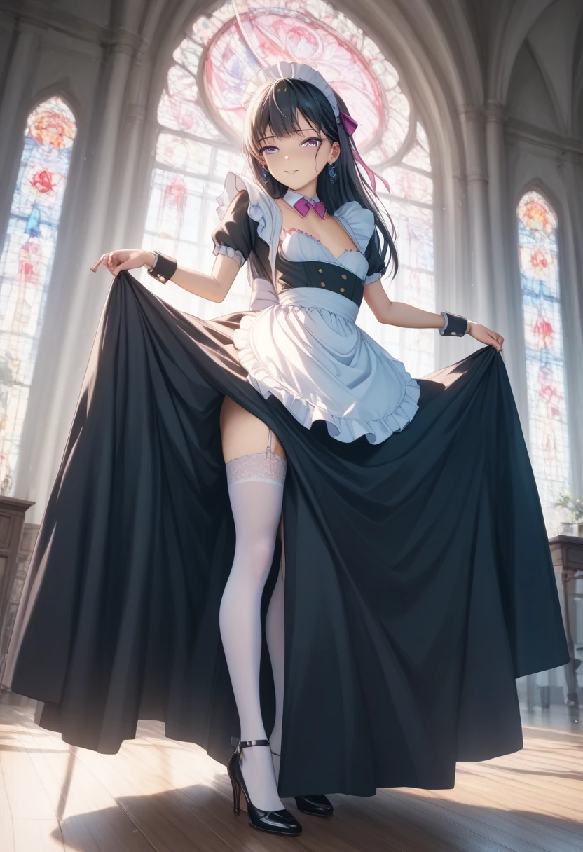 highlydetailed skin, extra detailed face, (beatiful detailed eyes, The girl smiles, Blushing cheeks), (A girl stands straight), The girl is cute 18 years old, ((No panties, Beautiful, Thin pubic hair)), (No bra, Small, Naughty, pretty nipple), Girl Slender, Lifting the skirt with your hands, Pure White Prom Dresses, a short skirt, dark brown hair, Braided pigtails, Floral hair ornament, Cute tiara, Wedding Veil, Cute Necklace, White lace tights, White lace gloves, white heel shoes, church virgin road, ((Shot from the front so that the girl's whole body can enter)),