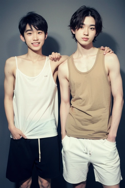 Two Japanese、Both are males.、Well-developed muscles and smooth skin、very short black hair、Friendly and relaxed smile、Face to face, open-mouthed smiling、Brightly colored, thin fabric boxer shorts、The whole body is visible、Masculine physique