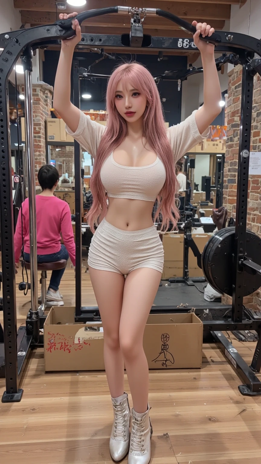 teenage redhead girl, fiery red long straight hair, big vivid green eyes, big breasts, small pink nipples, fit but not cut body, curvy butt, wearing tight white cotton running shorts, tight sports bra, thigh gap, big camel toe, innocent seductive, shy but smouldering, 