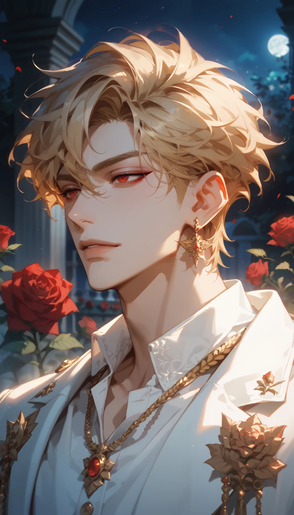 (score_9, score_8_up), score_7_up, short hair, shirt, blond hair, 1boy, jewelry, jacket, white poet shirt, male focus, earrings, red eyes, focus, royal garden at night, roses