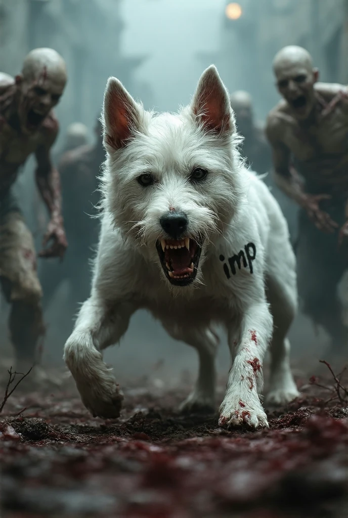 photorealistic, best quality, hyper detailed, white dog, pitbull, demonic, fangs, wings, blood on the fangs, red eyes, ruined castle, outdoors, (night), real life, dead flowers, analog style, skin texture, film grain, ultra high res, best shadow, RAW
