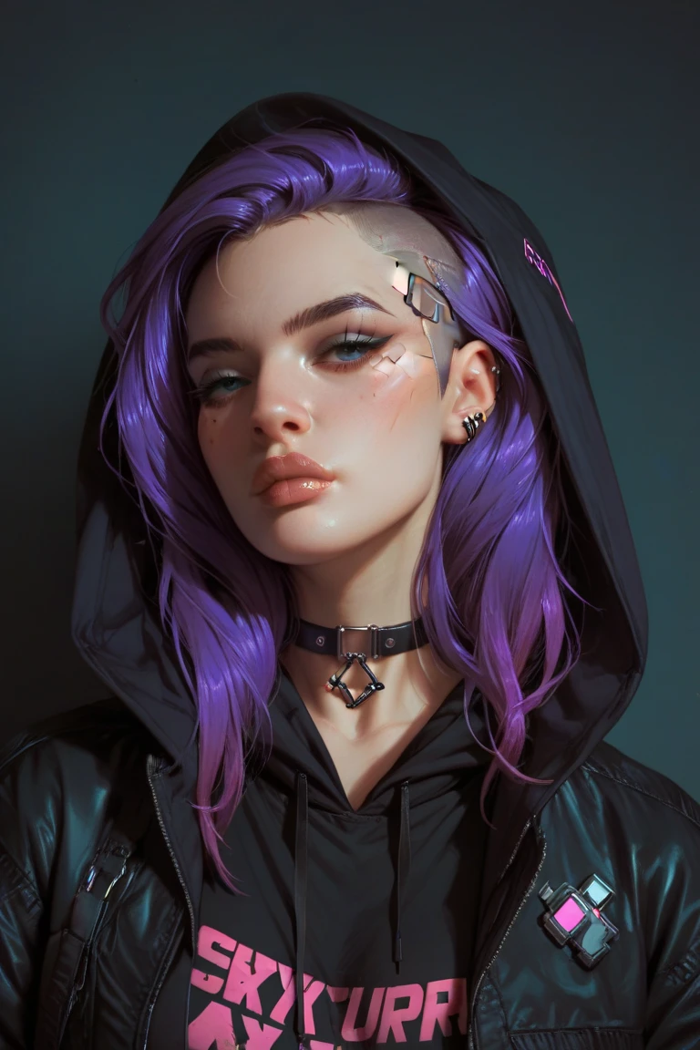 (((Uma personagem feminina))) com longo, selvagem, e cabelos roxos, exuding a delicate appearance with strong and sensual expressions. She has silver eyes and thick lips adorned with purple lipstick. A personagem tem um corpo bem definido com seios amplos, a toned abdomen, and a firm and shapely buttocks, com coxas grossas e tonificadas, desprovidas de flacidez. She is wearing a revealing outfit with a deep neckline and very short shorts, along with knee-high boots with high heels. The scene depicts her walking on a deserted and heavily polluted street in a bustling city. A imagem deve ser vibrante, Realistic, e altamente detalhado, capturing the essence of modern urban style.
Camera shot: Medium shot
Camera Lens: 35mm
Lighting: neon lighting, with purple neon lights illuminating the scene
Resolution: 4k