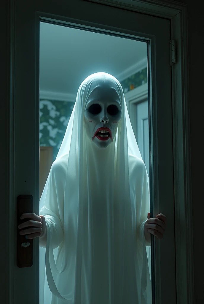 A figure, barely visible in a dimly lit room, with skin so pale it’s almost glowing. Their expression is one of shock and terror, as if they’re staring into the face of death itself. The background is a mix of shadows and faint light, creating an ominous, mysterious atmosphere that sends chills down the spine. High Resolution, Realism