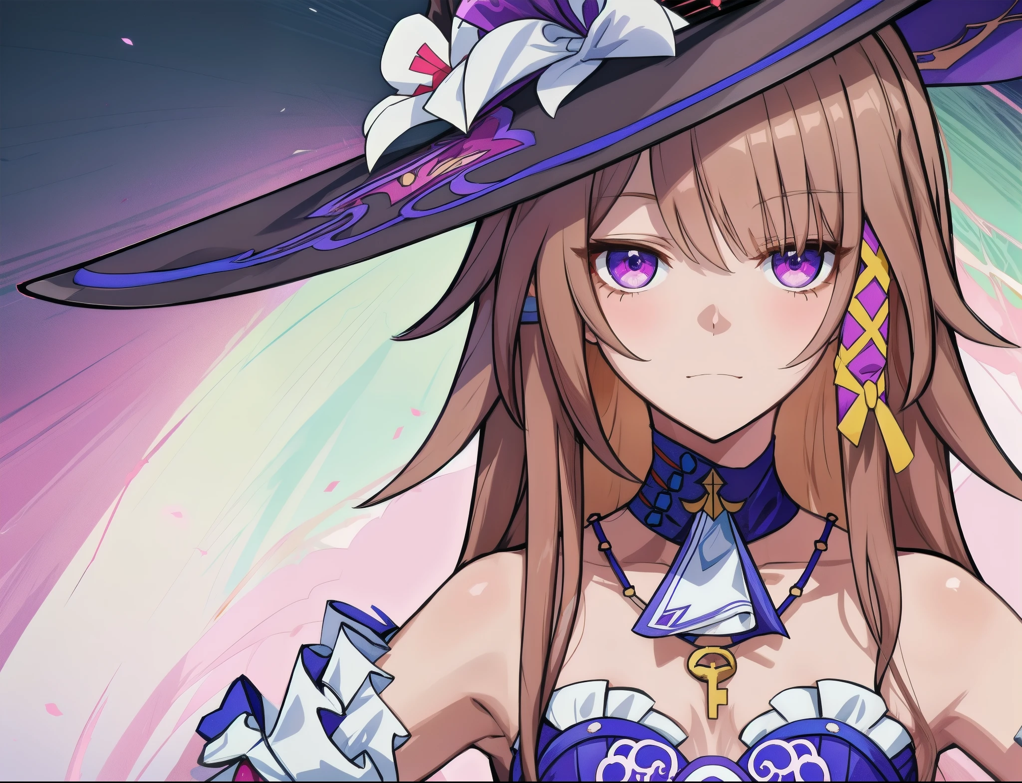 herta, the herta from honkai star rail, mischevious expression, witch hat, light purple eyes, brown hair, 1girl, masterpiece, close up, anime face, (beautiful and aesthetic:1. 5), clean lineart, perfect lineart, variable lineart, clean anime outlines, bold lineart, sharp lineart, best quality, high quality, best quality, dynamic lighting, HD,