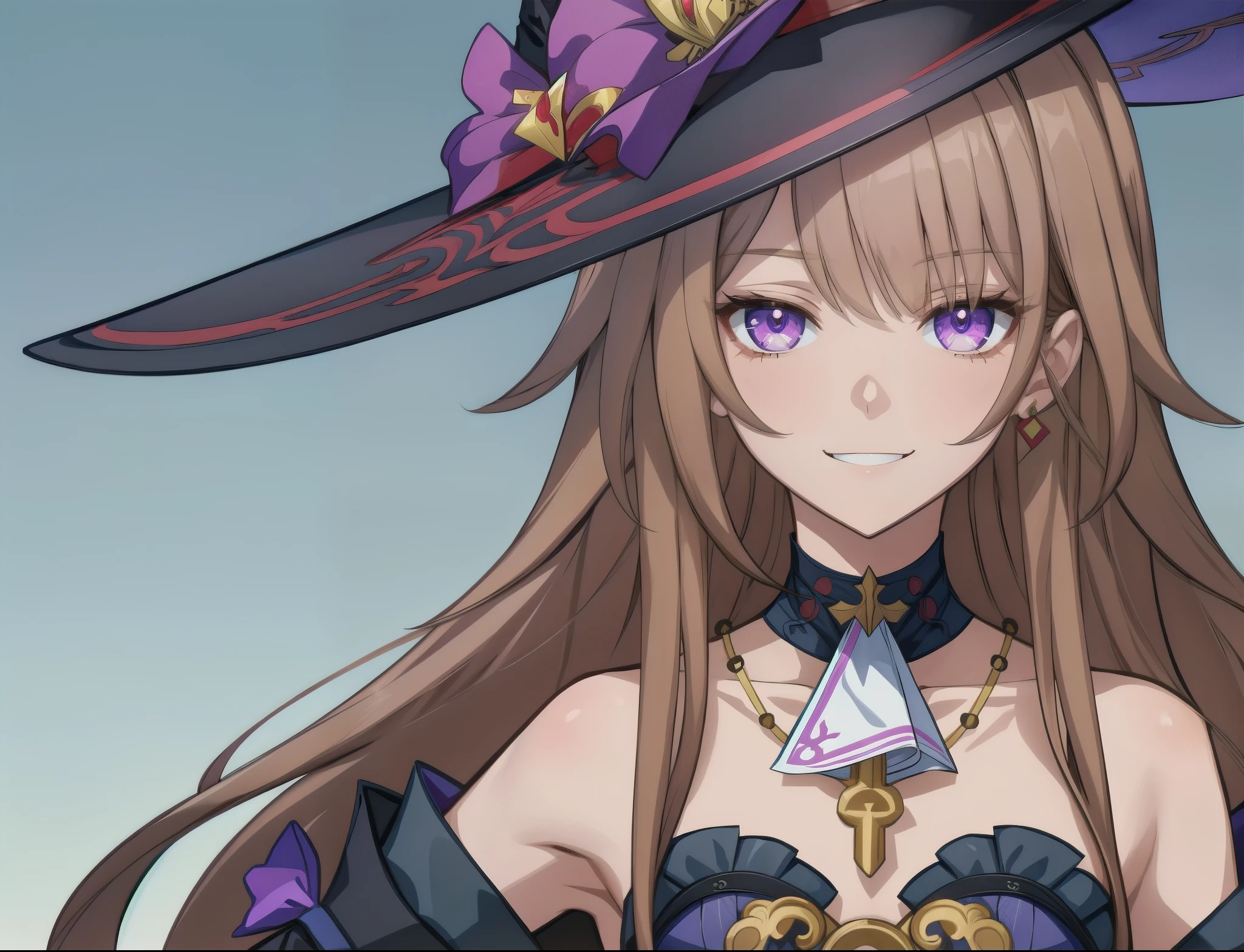 herta, the herta from honkai star rail, mischevious expression, smiling, witch hat, purple eyes, ash brown hair, bar shoulder, black clothes, 1girl, masterpiece, close up, anime face, (beautiful and aesthetic:1. 5), clean lineart, perfect lineart, variable lineart, clean anime outlines, bold lineart, sharp lineart, best quality, high quality, best quality, dynamic lighting, HD,