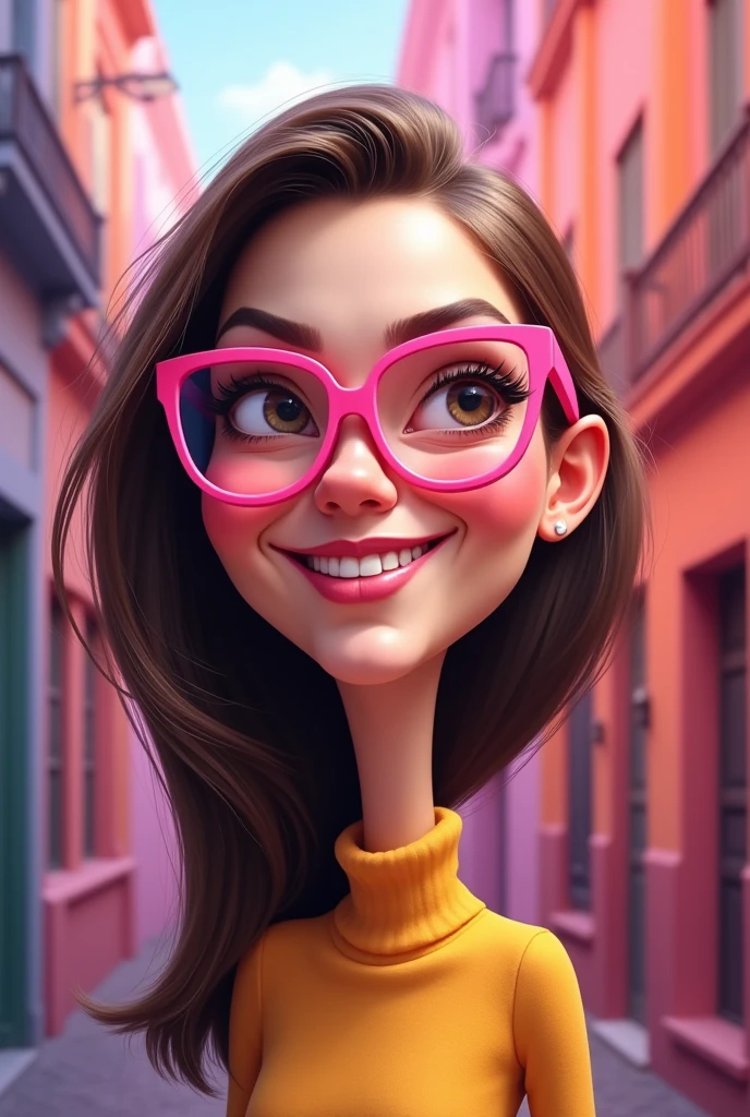 30 year old woman beautiful with brown hair stylish lots of rings and fun glasses disney style character