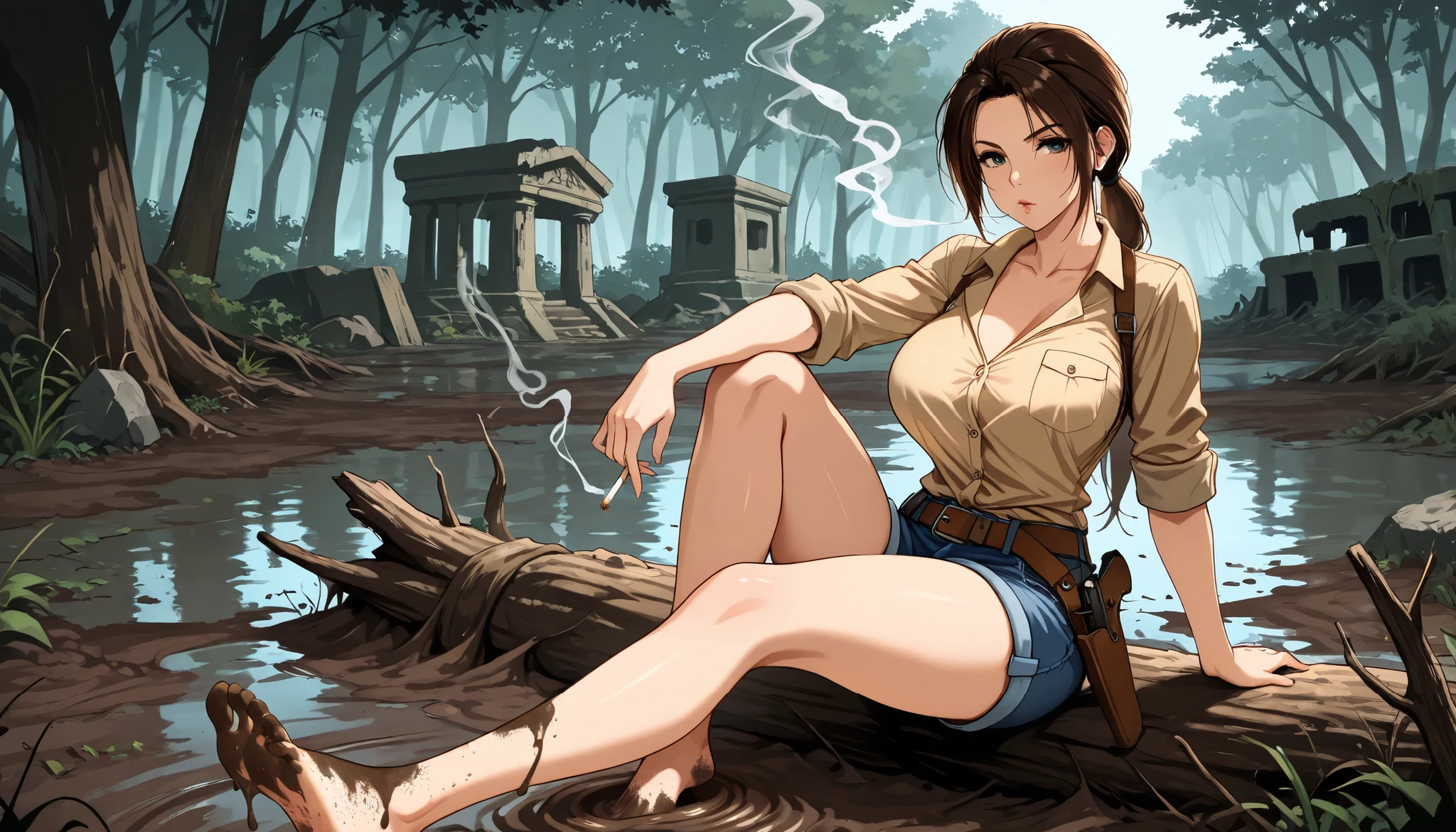 lara croft in button down shirt and jeans shorts sitting on log and smoking cigarette in the muddy swamp near ancient temple ruins, cute, sassy, lara croft, ((((beige button down shirt)))), (collarbone), (rolled up sleeves), (breast pockets), (untucked shirt), bare legs, dirty feet, belt, holster, big breasts, muscular, looking at viewer, smoking, smoke, cigarette, swamp, fallen tree, mud, dirt, ancient temple, detailed