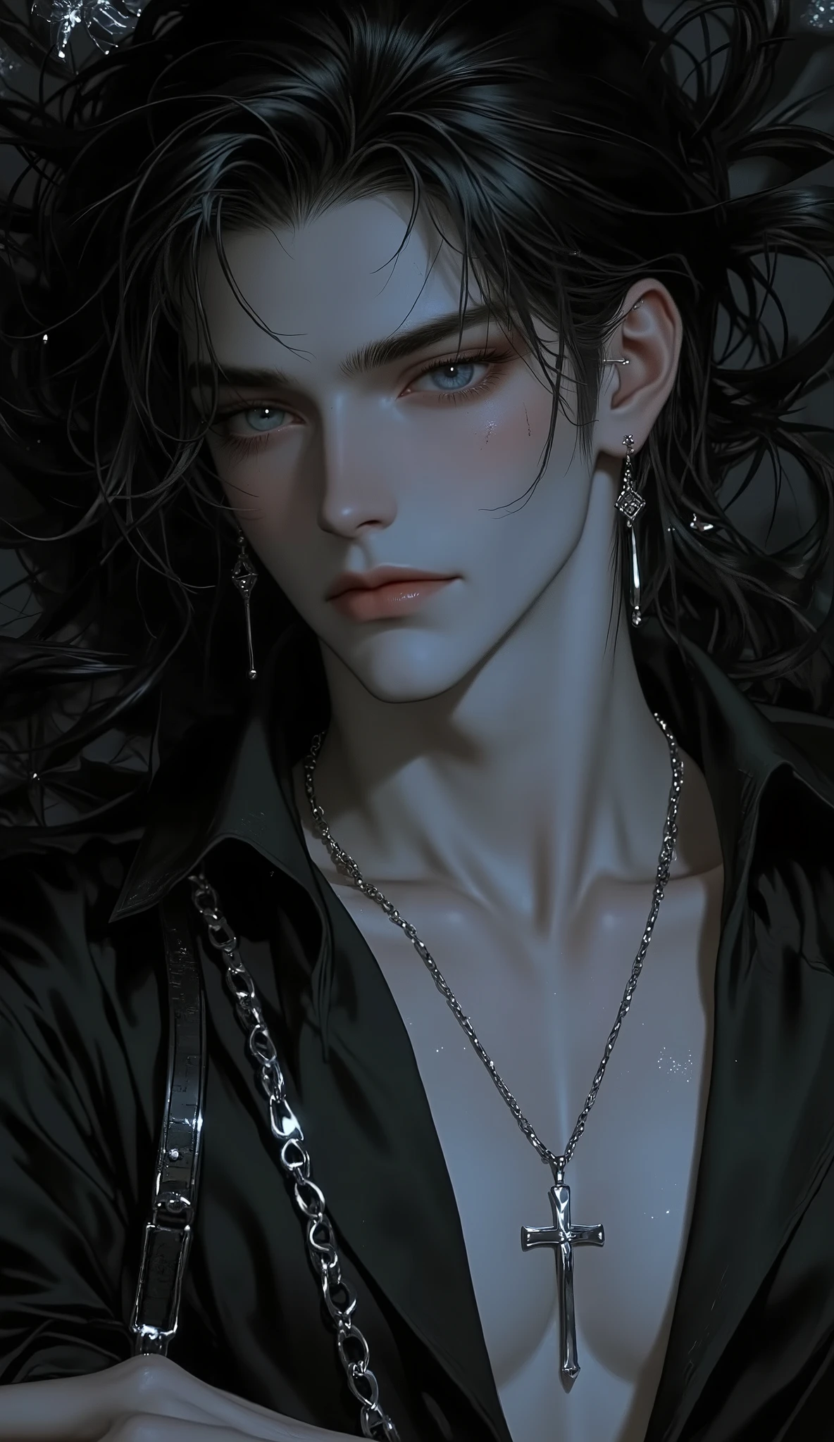 ( masterpiece:1.3, perfect details :1.4, high quality, 8k wallpaper, good complete anatomy:1.9, Perfect face:1.4), (1 man, A handsome man with pale skin ), (Dirty and disheveled moths-black, daring long hair , glowing bright gray eyes , mystical and ominous gaze ), ( without body clothes ), ( is lying on a majestic dark bed , radiating a high-status aura ), ( Calm and confident expression , piercing look , directed directly at the viewer , creates tension and mystery ), ( high contrast , Elegant style , sharp features , semi-realistic ).. Silver cross neck chain , cross ear piercing