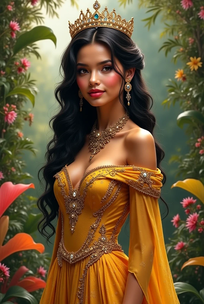 a woman in a yellow dress posing for the camera, closeup shot of woman, dayanita singh, girl with glowing skin, style of beautiful body, big huge breasts, cleavage, provocative Indian, sensuous, very large bosum, hindu, attractive feminine curves, indian goddess, close up shots,wearing yellow dress, indian super model, beautiful model girl, model with attractive body, really large bosum, beautiful sexy woman photo , smily face, smile on face, the empress, beautiful render of a fairytale, royal garden background, intricate environments, garden utopia, realistic garden, the grand temple of flowers, full HD reality Indian background temple super temple reality photo Indian girl