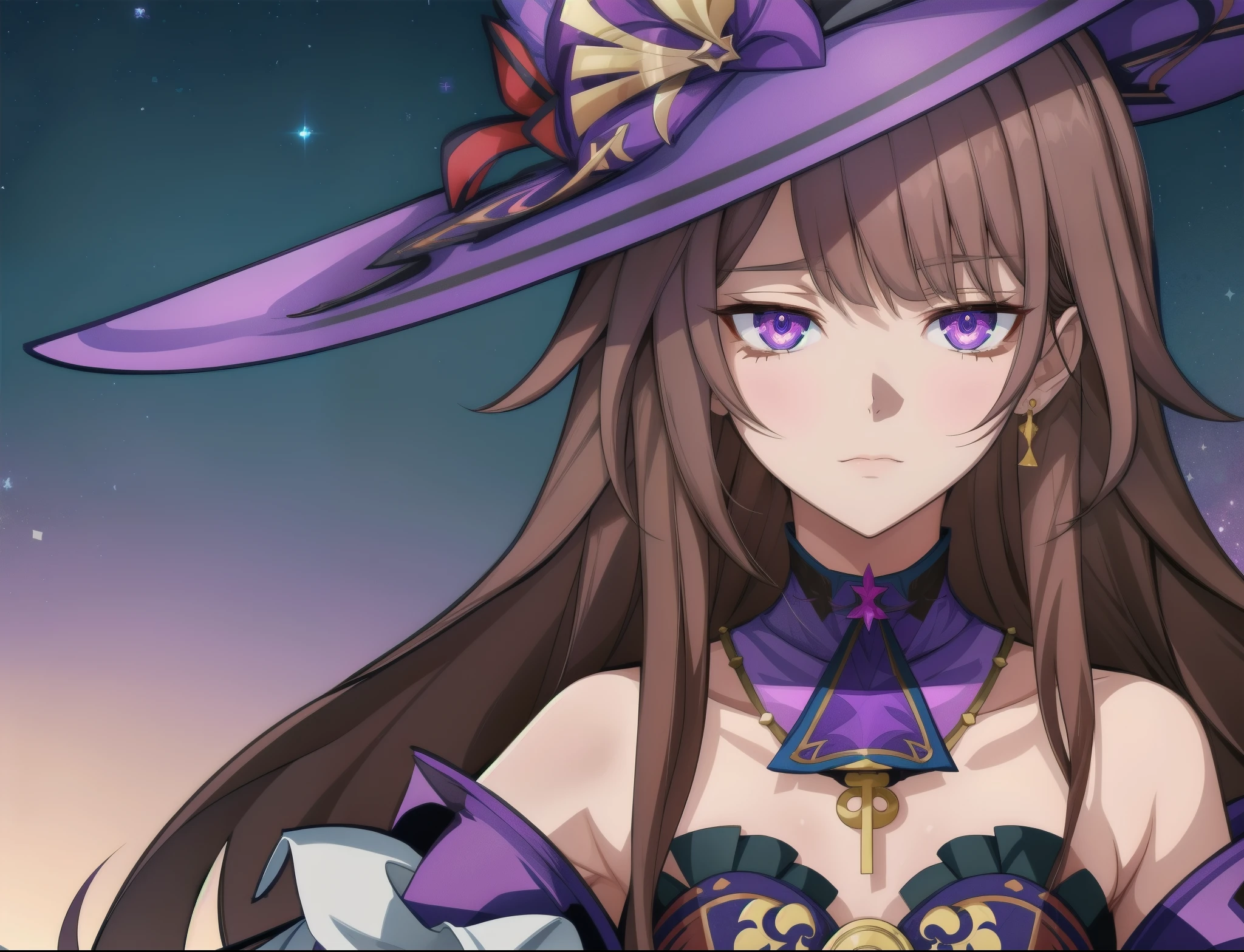 herta, the herta from honkai star rail, mischevious expression, dark purple witch hat, purple eyes, silver brown hair, bare shoulder, dark purple clothes, 1girl, masterpiece, close up, anime face, (beautiful and aesthetic:1. 5), clean lineart, perfect lineart, variable lineart, clean anime outlines, bold lineart, sharp lineart, best quality, high quality, best quality, dynamic lighting, HD,