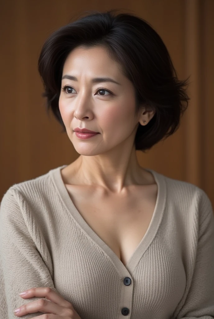 High resolution, High resolution, Attention to detail, masterpiece,(loose body), Anatomically correct, sharp, ((Japanese Mature)),(80 years old:1.3),((Facial wrinkles)), Shapely breasts,Fair skin, Black Hair,(Long Hair), bangs,(((Stand upright, facing the center.))),Look at the photographer, Looking Ahead,(Knitted blouse:1.4),(Tight Skirt:1.3),(Sitting),(Thighs:1.4),Inside the warehouse,(Serious expression),(old woman:1.1),Mature cabin attendant