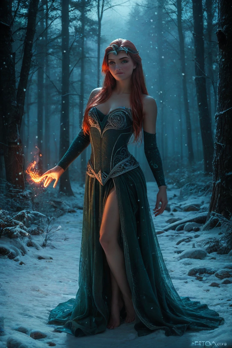 In a mesmerizing blend of mystique and sophistication, a beguiling wild mage looms amidst swirling ethereal energies and luxurious haute couture. This striking composition is a high fashion photograph, capturing the enigmatic figure in exquisite detail. The mage exudes an otherworldly aura, with cascading iridescent robes that seem to shimmer and shift with every movement. Their eyes gleam with ancient knowledge, framed by cascading locks of fiery crimson hair. The overall impression is one of enchantment and allure, inviting the viewer into a realm of unparalleled beauty and magic.