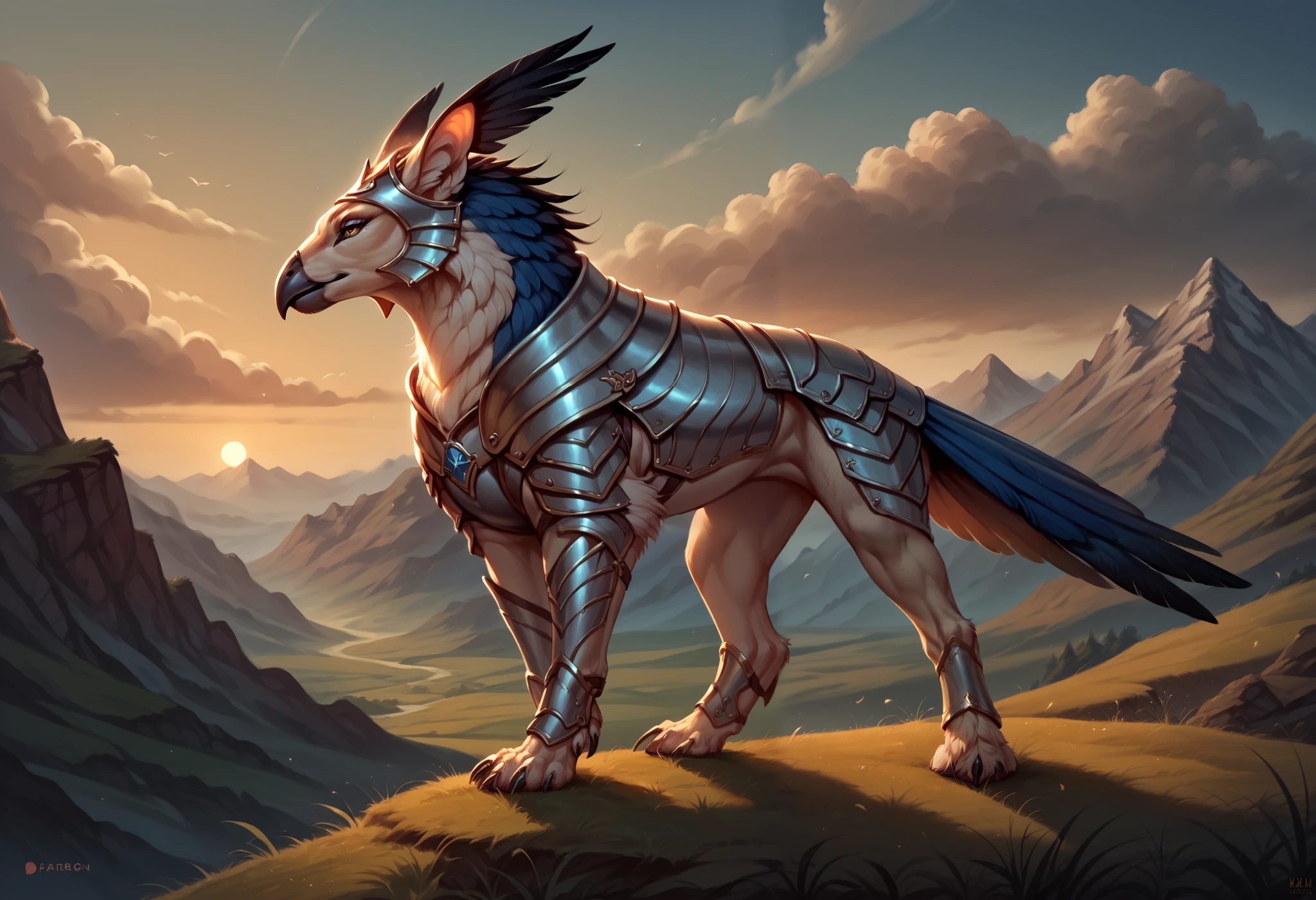 ((feral)) griphon female feathers delicate armor mountains detailed realistic intricate colorful detailed in the sunset detailed clouds line drawing cartoon logo