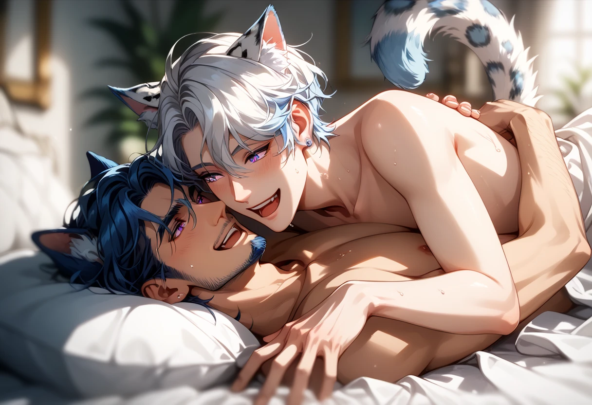 (cute male, 2 cat ears, smiling, white hair, shirtless, white jockstrap, cute boy, small body, no shirt), (purple haired cute male, shirtless, 2 wolf ears, bulge, purple jockstrap, small body, cute boy), 2 men, laying on bed, hugging, japanese house, hugging, cuddling, 2males, male only, kissing, males kissing, touching eachother, full body view, no women, no girl, love, blushing