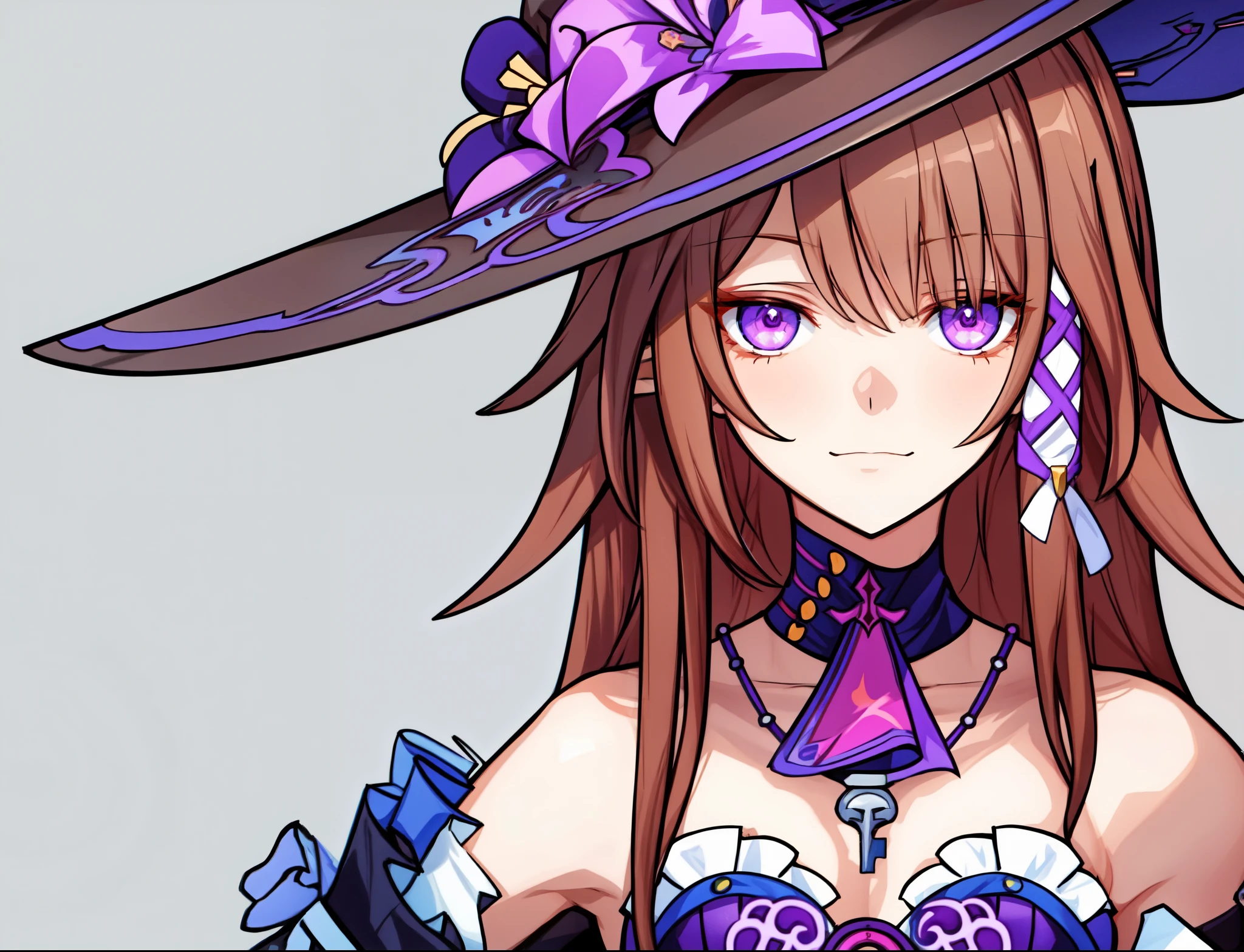 herta, the herta from honkai star rail, satisfied expression, relaxed, dark witch hat, purple eyes, silver brown hair, bare shoulder, dark clothes, 1girl, masterpiece, close up, anime face, plain white background, (beautiful and aesthetic:1. 5), clean lineart, perfect lineart, variable lineart, clean anime outlines, bold lineart, sharp lineart, best quality, high quality, best quality, dynamic lighting, HD,