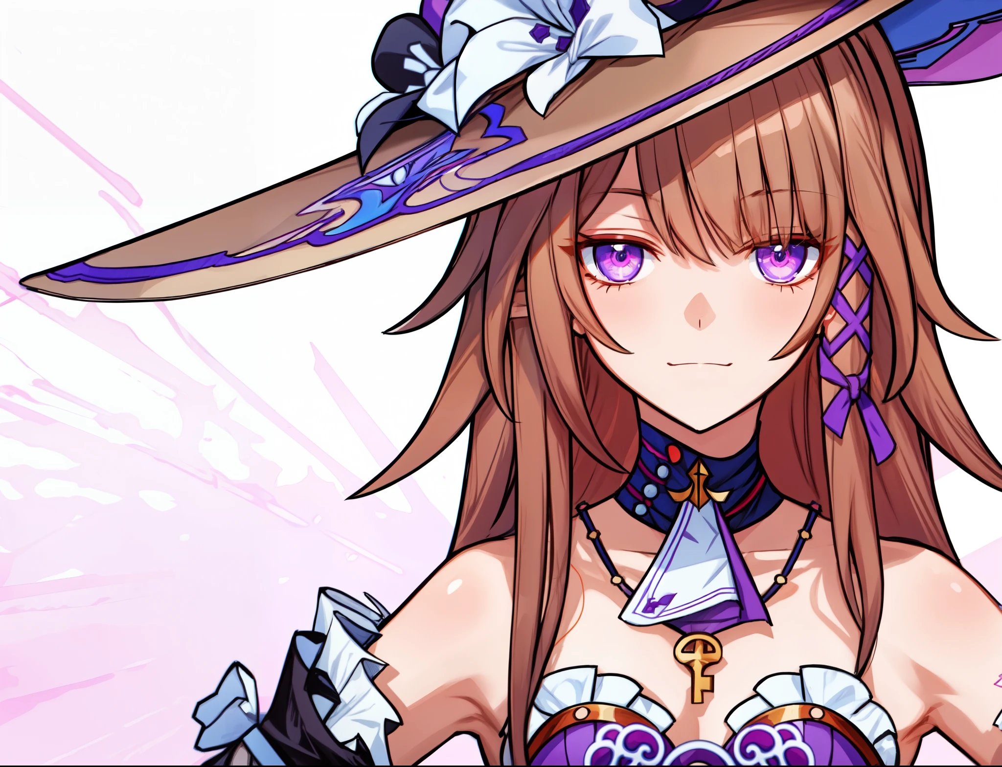 herta, the herta from honkai star rail, satisfied expression, relaxed, dark witch hat, purple eyes, silver brown hair, bare shoulder, dark clothes, 1girl, masterpiece, close up, anime face, plain white background, (beautiful and aesthetic:1. 5), clean lineart, perfect lineart, variable lineart, clean anime outlines, bold lineart, sharp lineart, best quality, high quality, best quality, dynamic lighting, HD,
