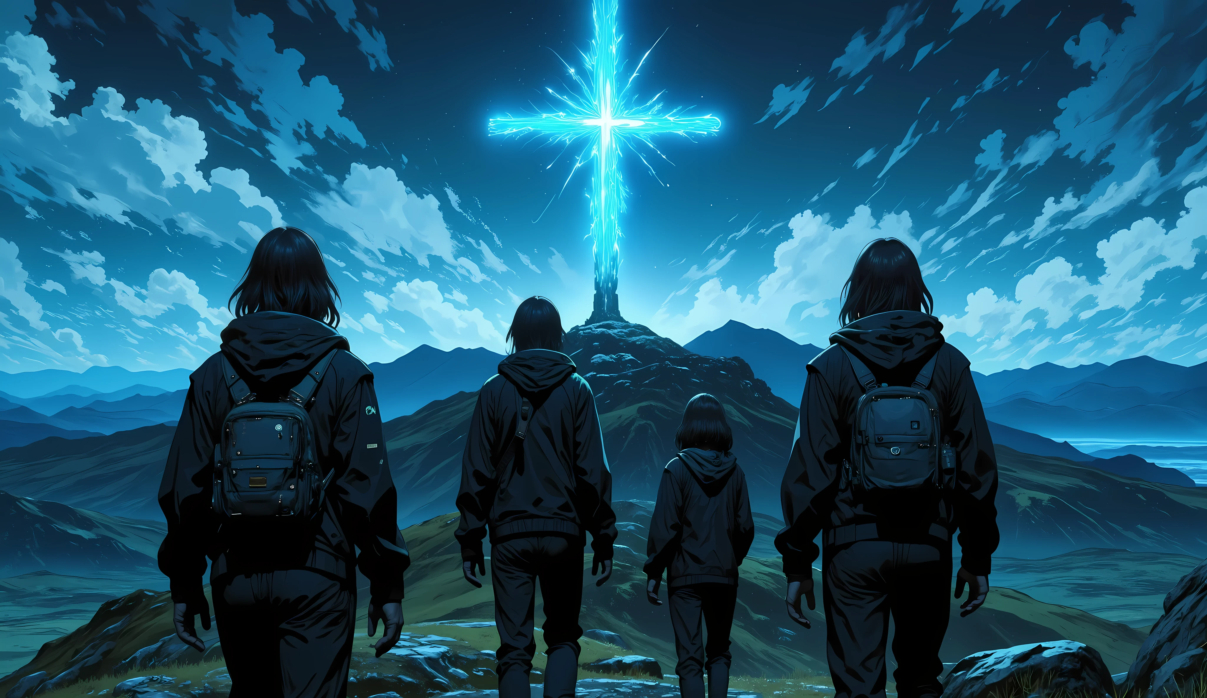 (( RAW photo), absurdo, ( absurd resolution)), masterpiece, envelopes , ( Extremely detailed 8k unit CG wallpaper), ( best illustration), ( Best Tone ), realistic lighting , detailed and beautiful glitter, (( 20 years)), black jacket , with a cross , 4 young people in a rock band , caminando hacia una montaña, encima de la montaña hay una cruz, cruz de fuego azul