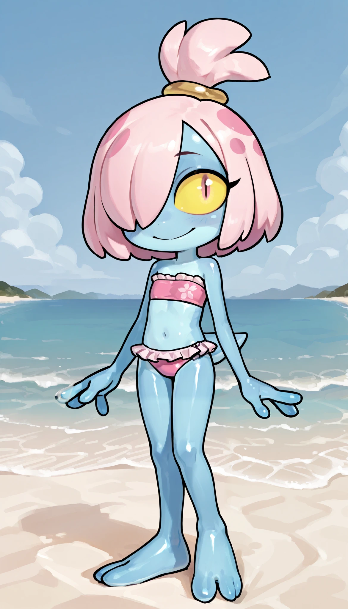 a little green skin girl, Baby Face, ,Short limbs、 Dwarf ears, Green Skin, naked、Very detailed, ((masterpiece, Highest quality;1.3)) , An innocent smile、Ocean、beach