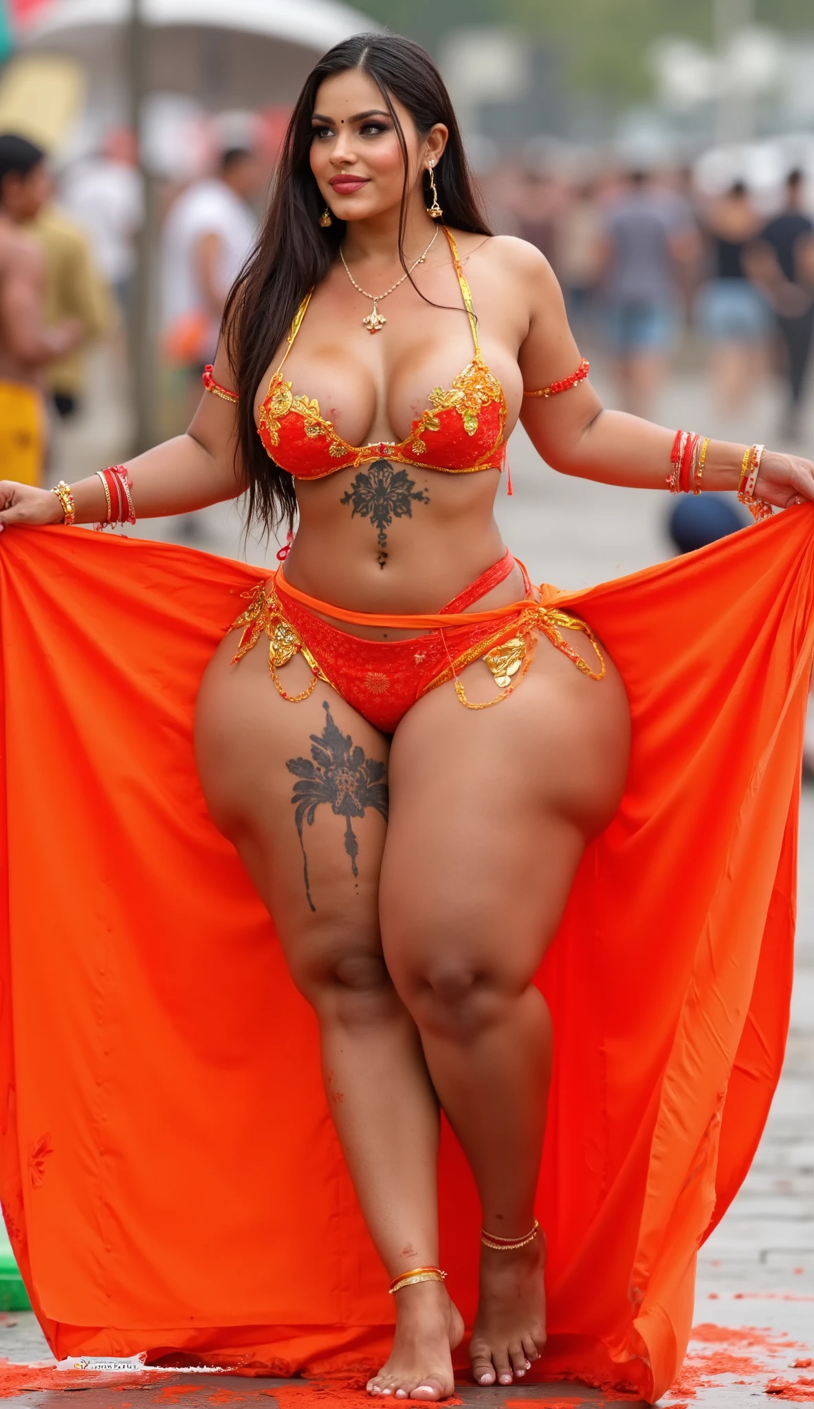 Indian DESI nude Girl ,WET, curvy Full wet body picture, wet hourglass curvy nude woman IS LIFTING HER orange wet Skirt UP, red bangles, earings, lipstick, Holi festival colourful, wet slutty body, sexy,mehandi henna on both hands, with other men ,WET body, wet hair,